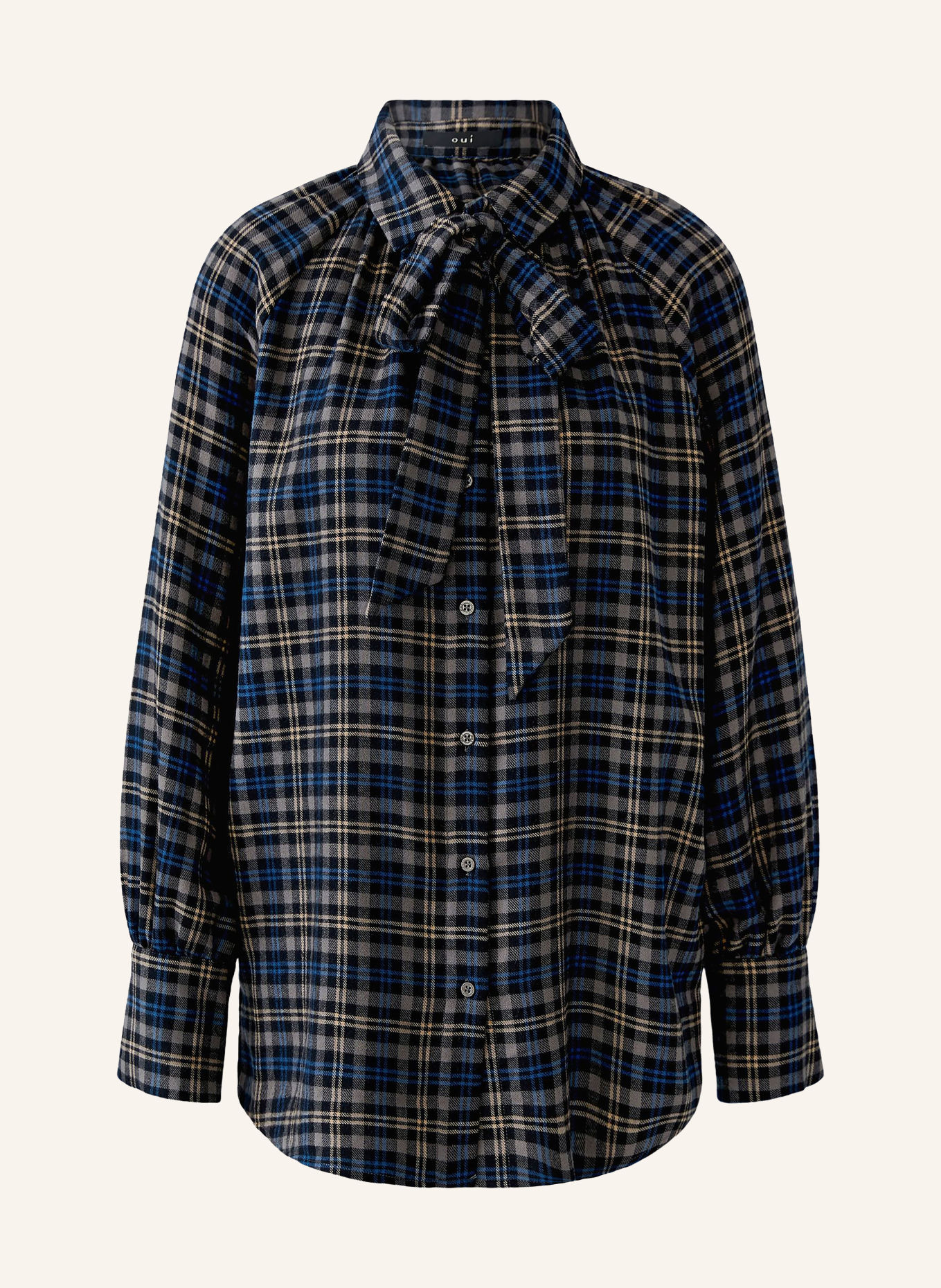 oui Blouse en flanelle avec nœud amovible: TAUPE / BEIGE / BLEU FONCÉ