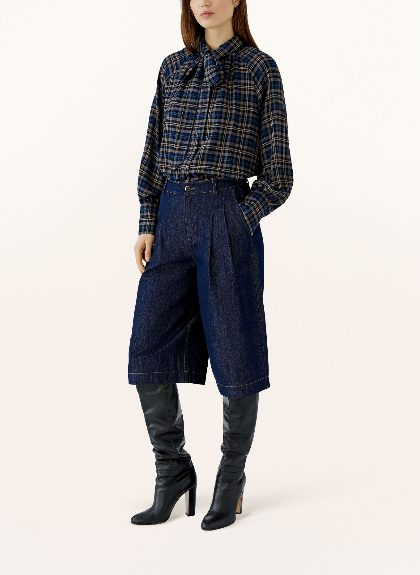 oui Blouse en flanelle avec nœud amovible: TAUPE / BEIGE / BLEU FONCÉ