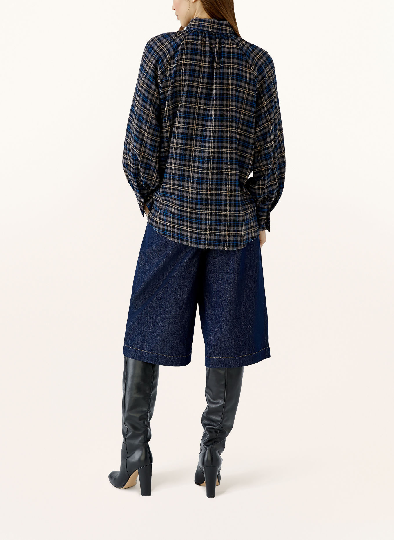 oui Blouse en flanelle avec nœud amovible: TAUPE / BEIGE / BLEU FONCÉ
