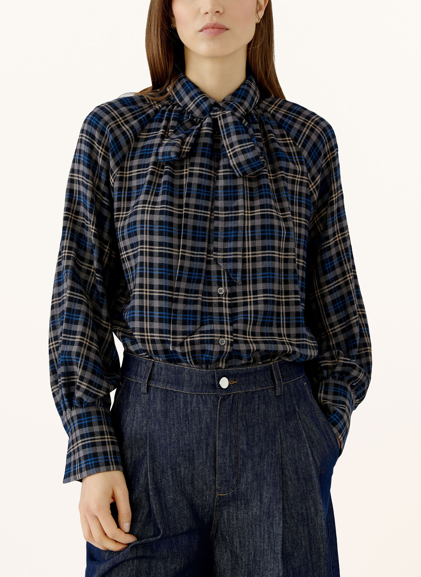 oui Blouse en flanelle avec nœud amovible: TAUPE / BEIGE / BLEU FONCÉ
