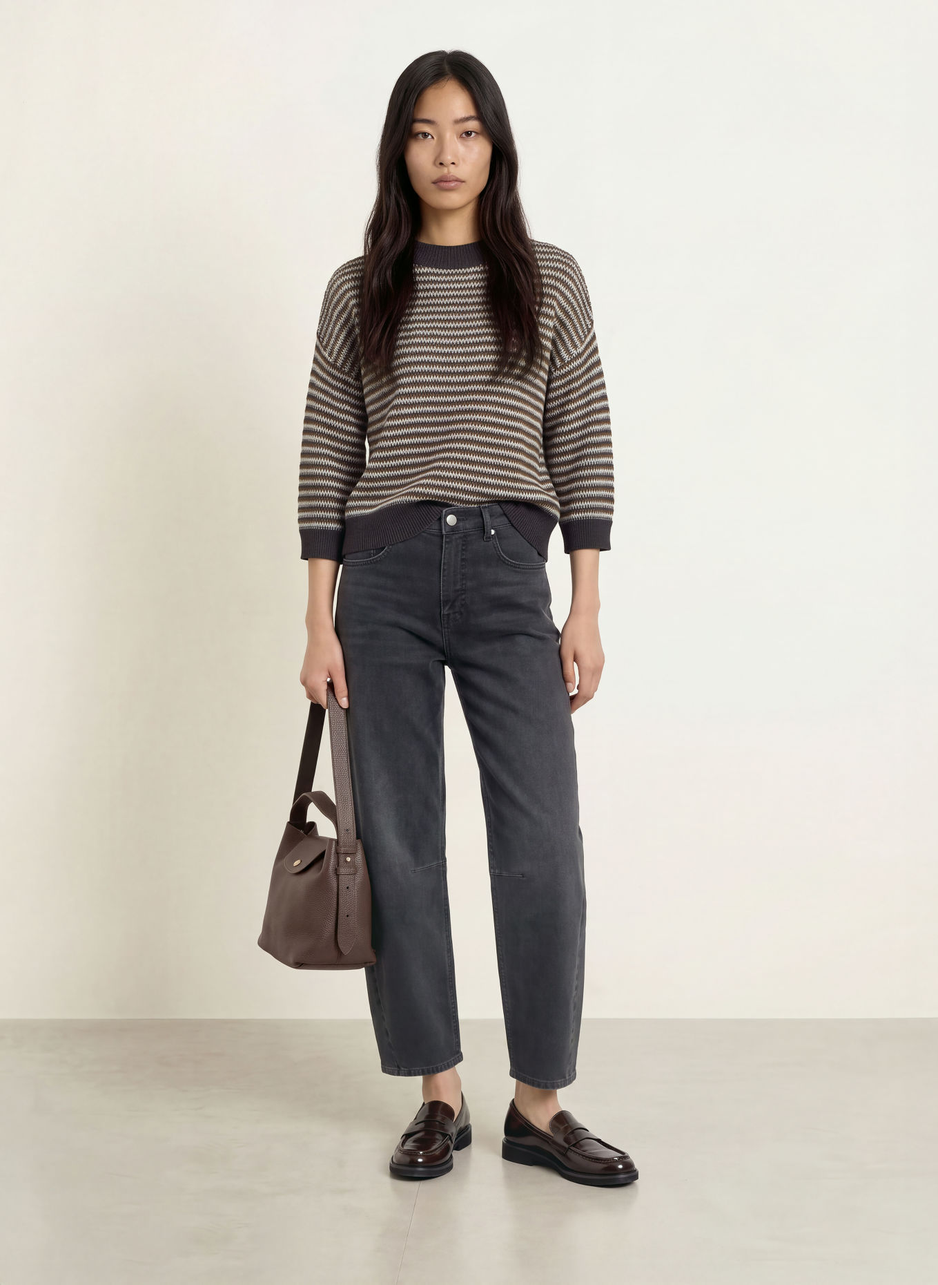 OPUS PEIPINA Sweater with 3/4-Length Sleeves: BROWN / BLUE GRAY / TAUPE