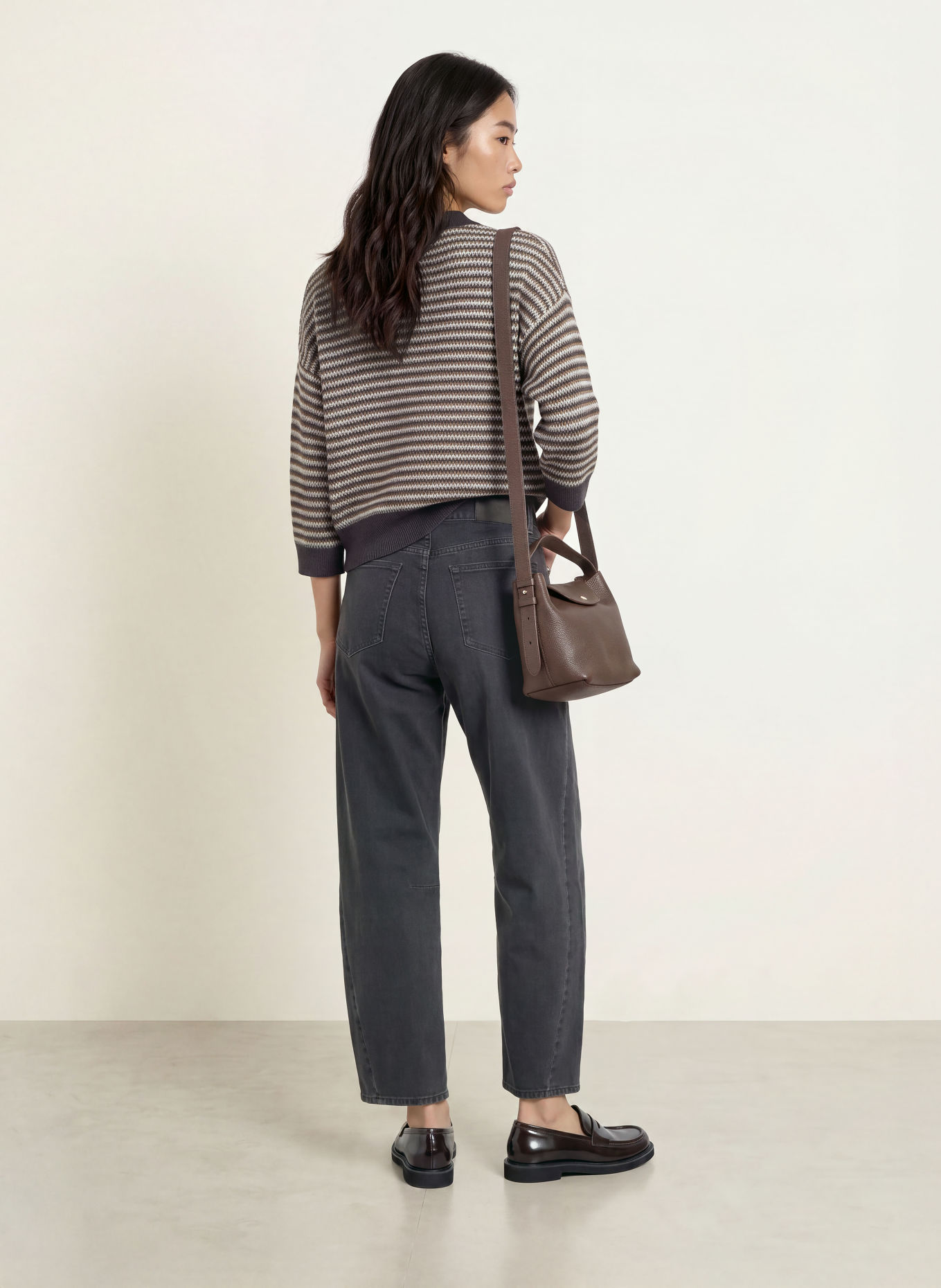 OPUS PEIPINA Sweater with 3/4-Length Sleeves: BROWN / BLUE GRAY / TAUPE