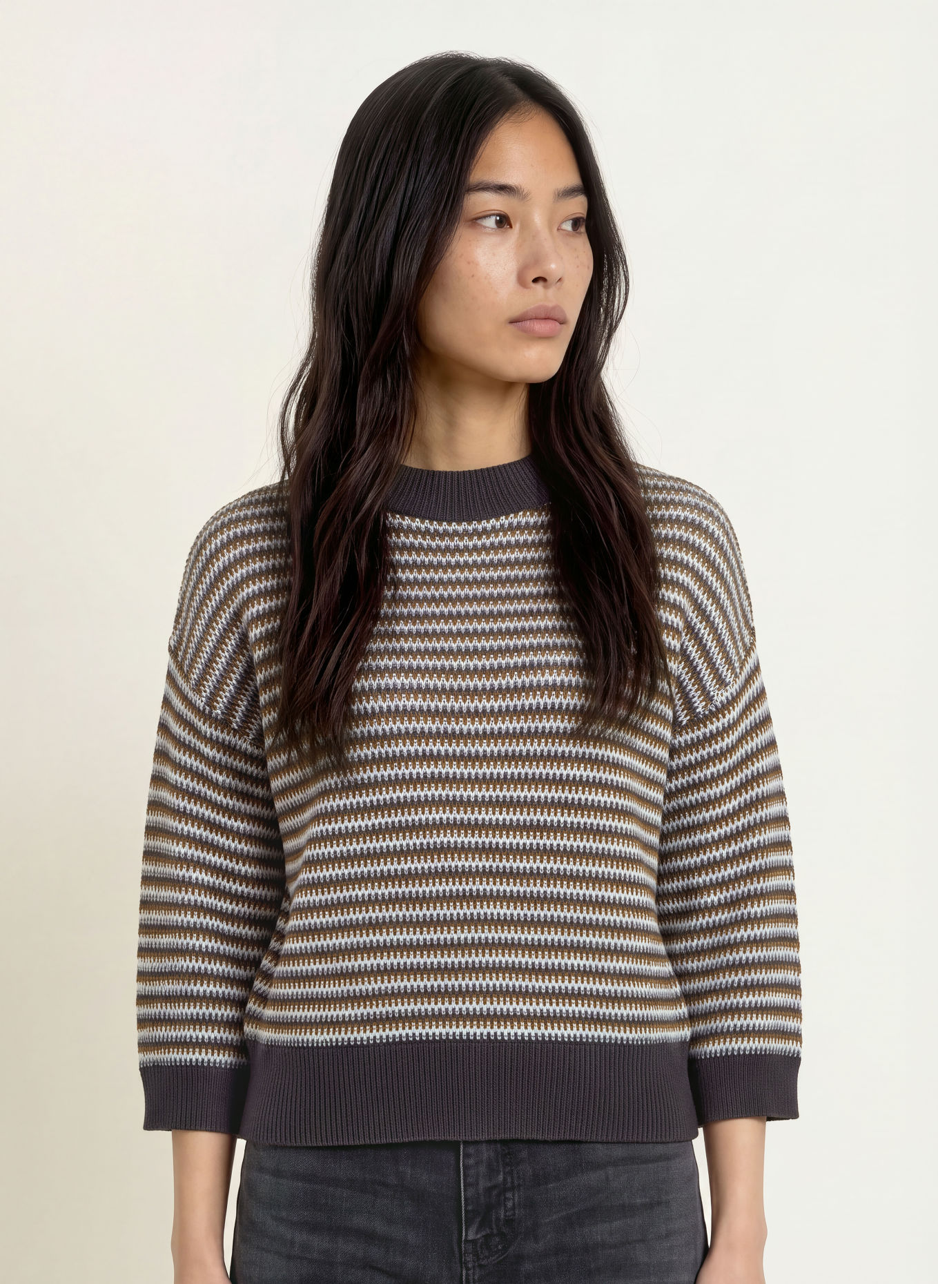 OPUS PEIPINA Sweater with 3/4-Length Sleeves: BROWN / BLUE GRAY / TAUPE