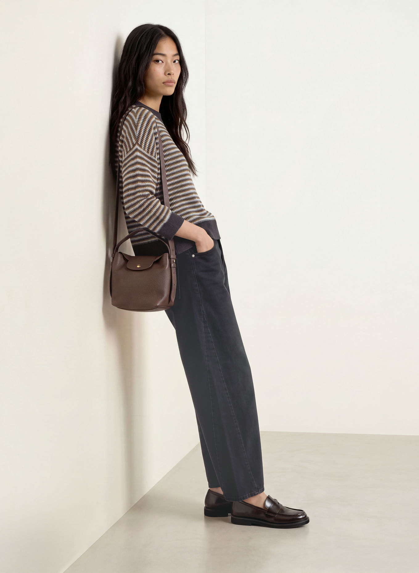 OPUS PEIPINA Sweater with 3/4-Length Sleeves: BROWN / BLUE GRAY / TAUPE