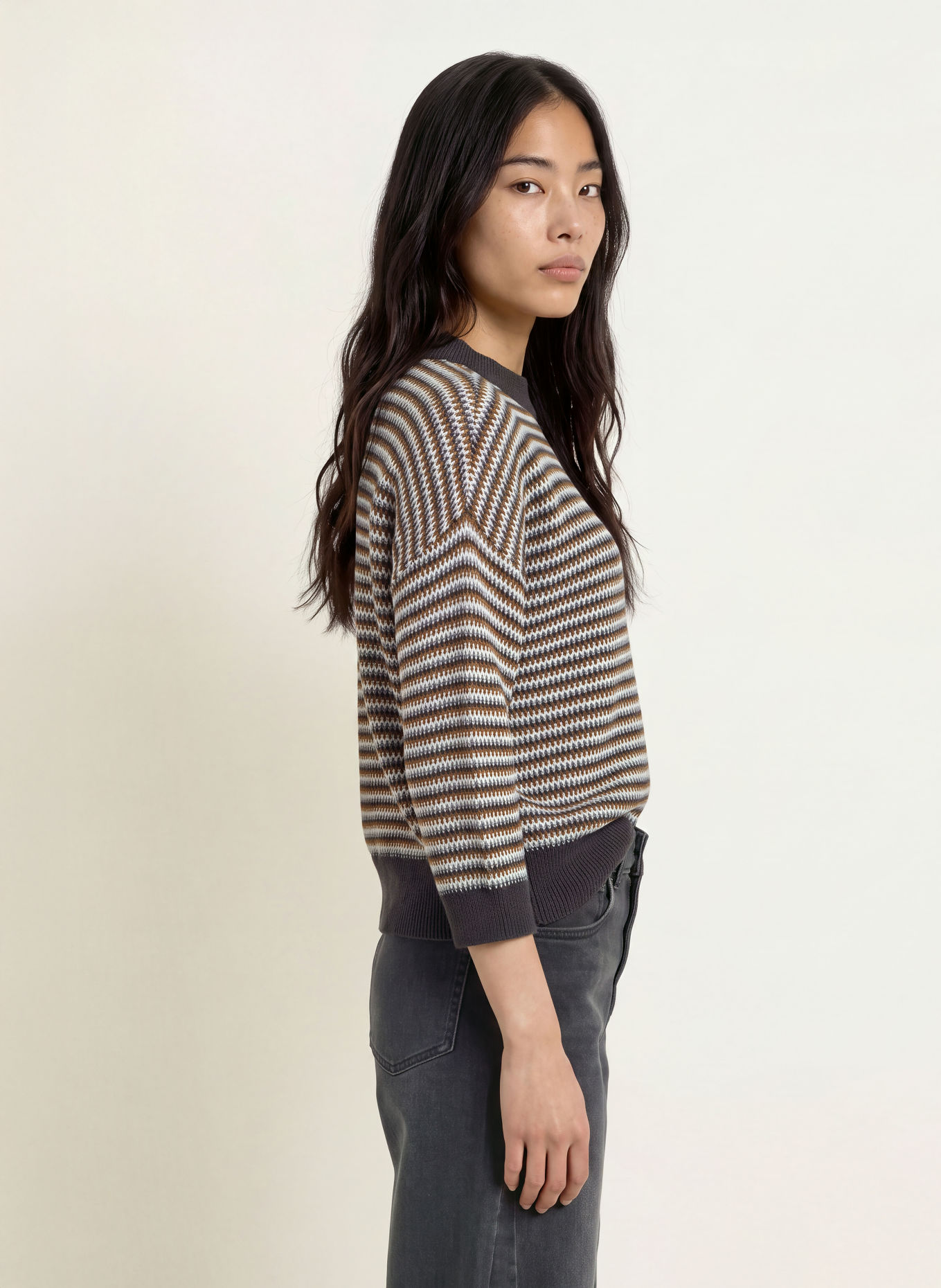 OPUS PEIPINA Sweater with 3/4-Length Sleeves: BROWN / BLUE GRAY / TAUPE