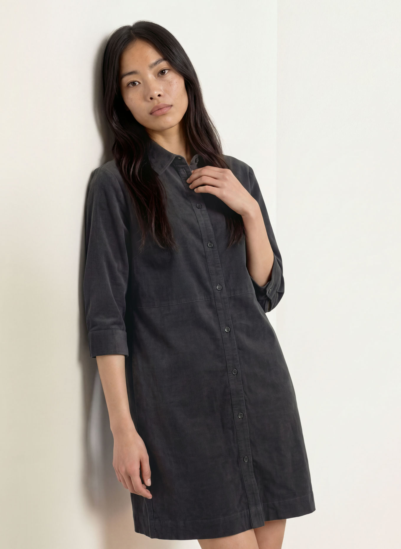 OPUS WICORDA corduroy shirt dress with 3/4 sleeves: DARK GRAY