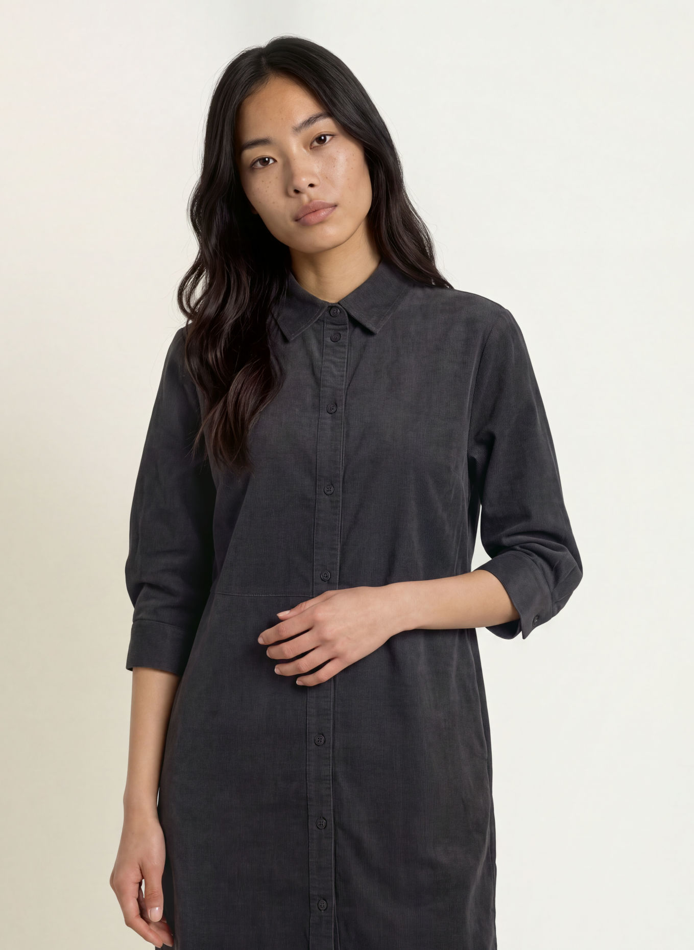 OPUS WICORDA corduroy shirt dress with 3/4 sleeves: DARK GRAY