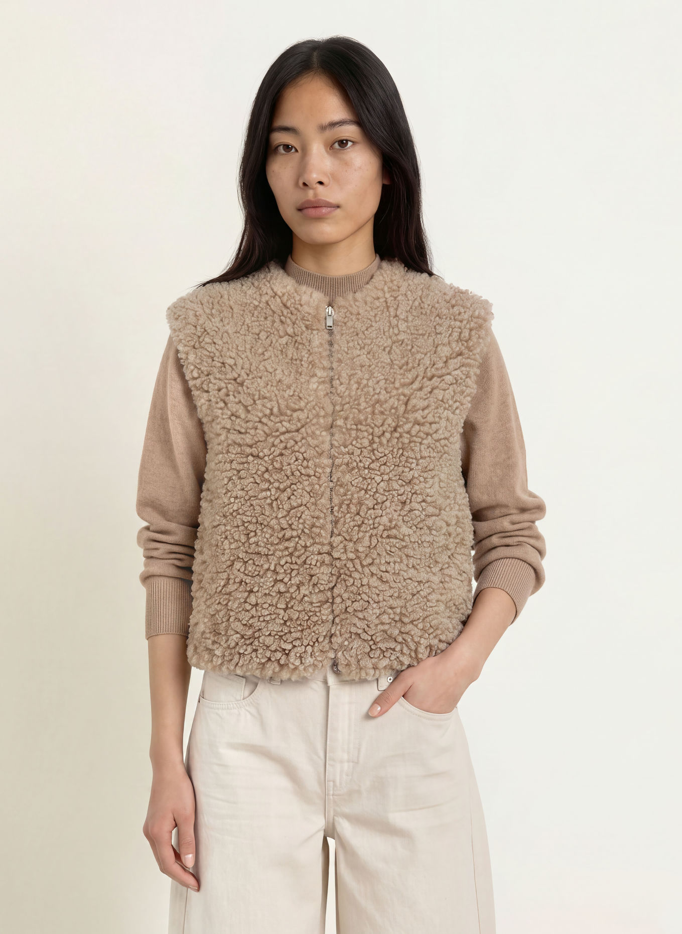OPUS Bodywarmer van kunstbont WIKARA: TAUPE