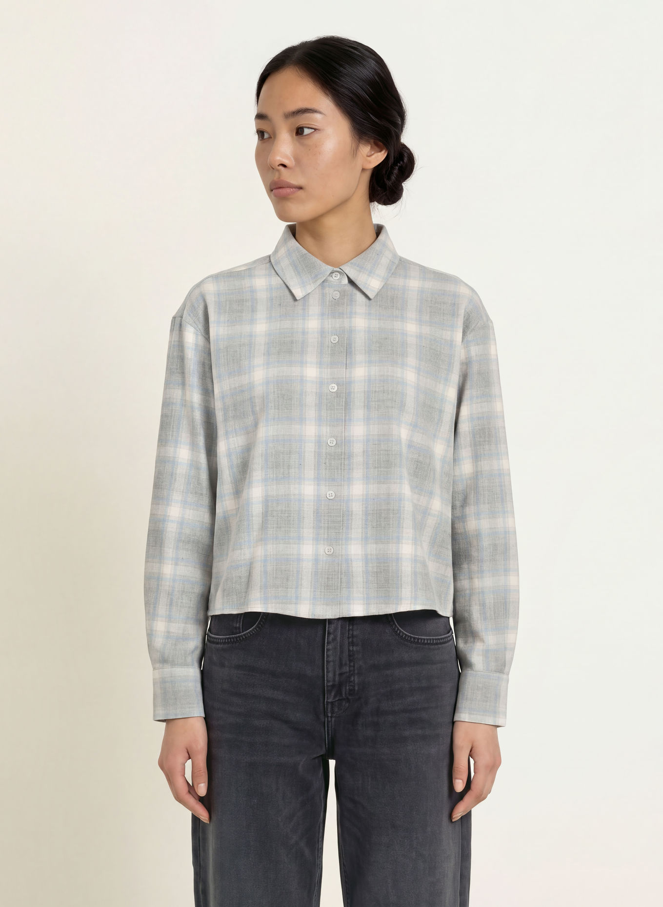 OPUS FLAKARO-overhemdblouse van flanel: GRIJS / ECRU / BLAUWGRIJS