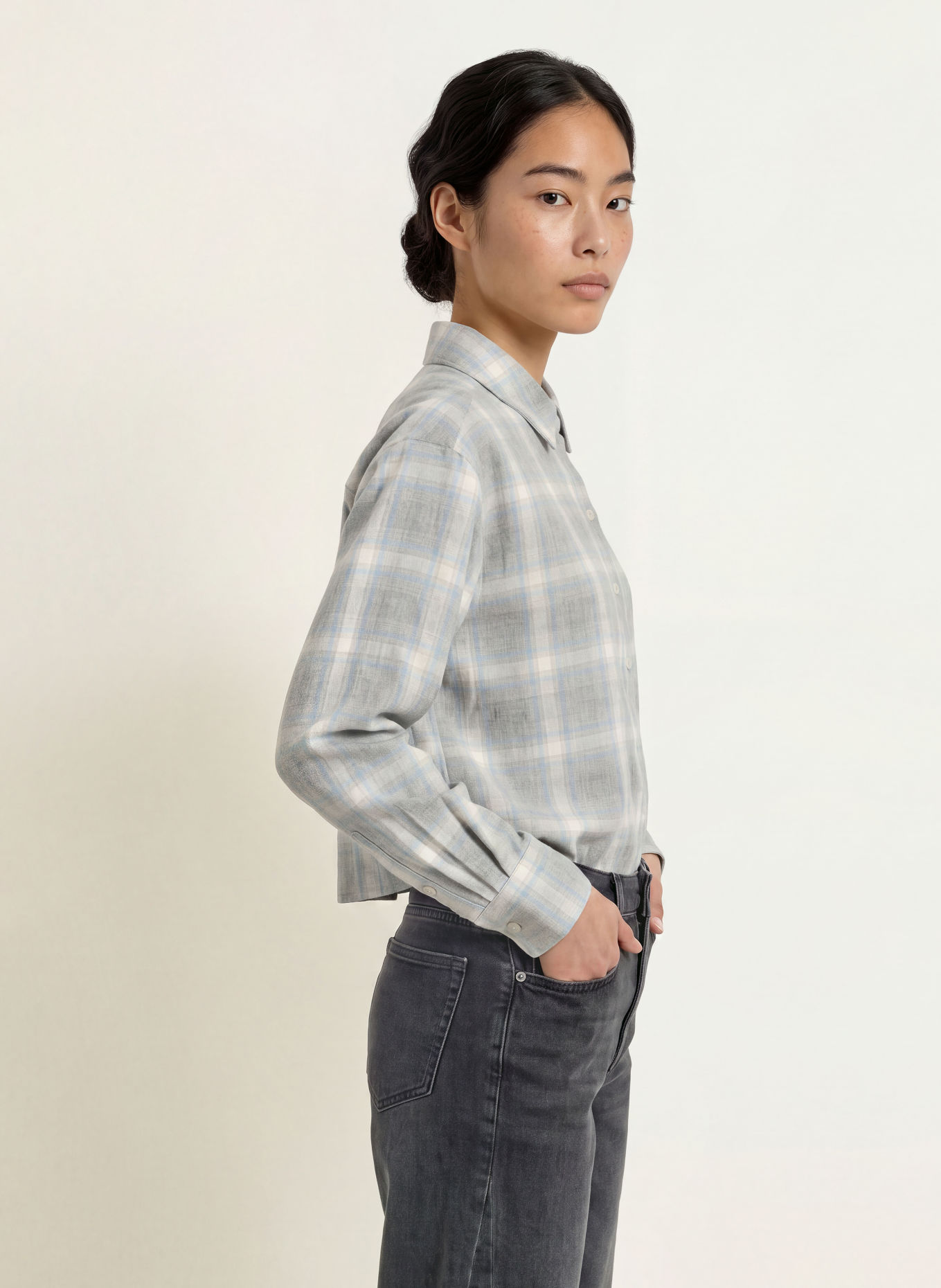 OPUS FLAKARO-overhemdblouse van flanel: GRIJS / ECRU / BLAUWGRIJS