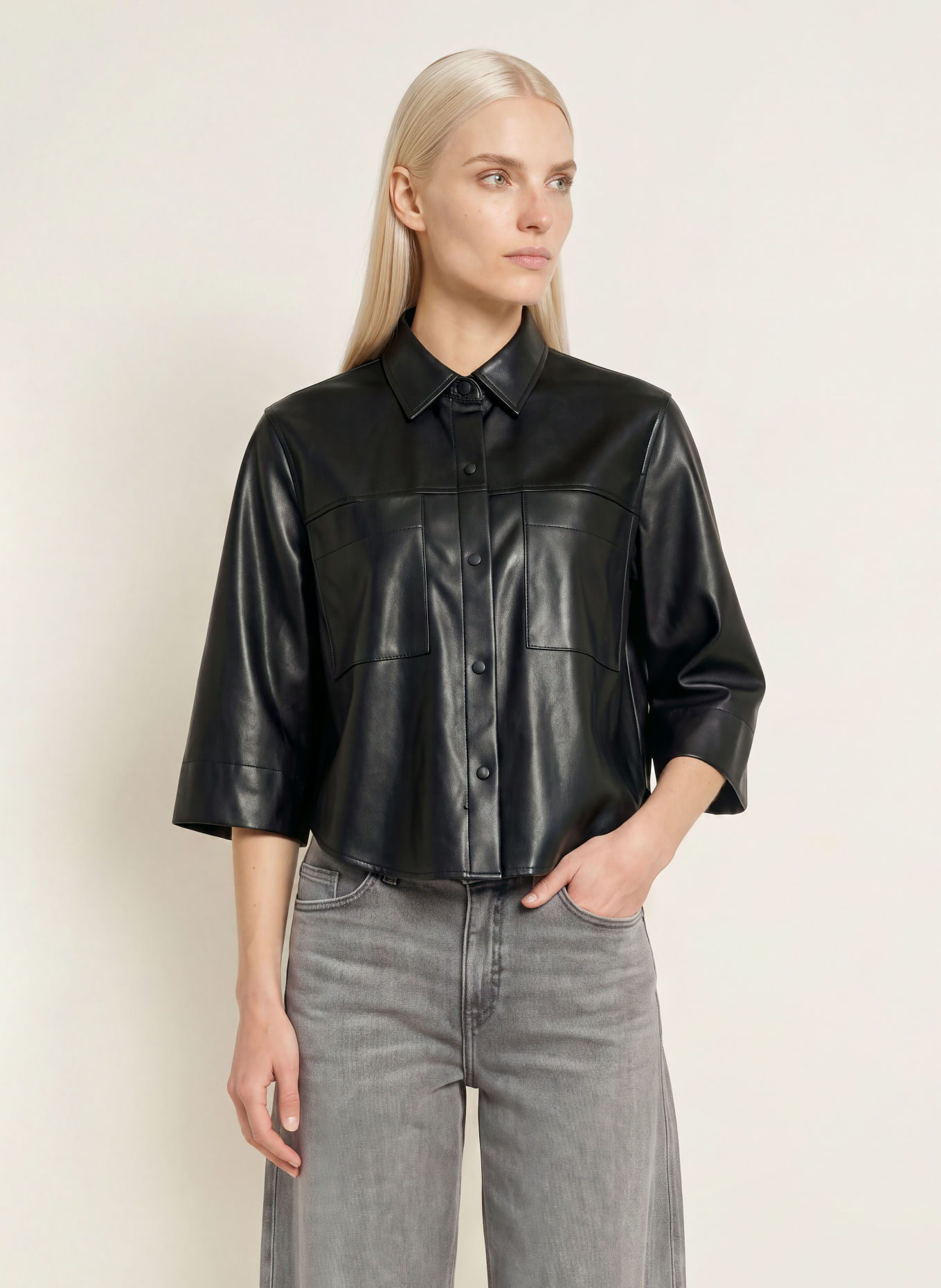 OPUS FELEDA leather-look shirt blouse with 3/4 sleeves: BLACK
