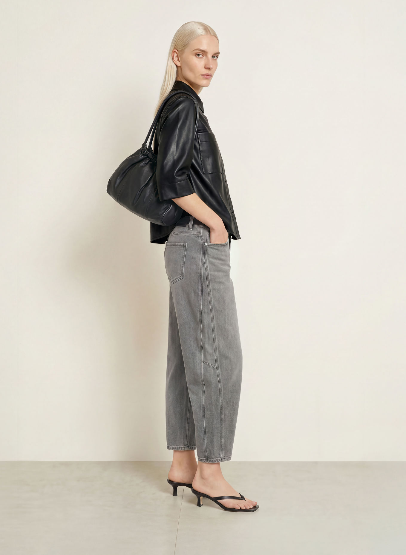 OPUS FELEDA leather-look shirt blouse with 3/4 sleeves: BLACK