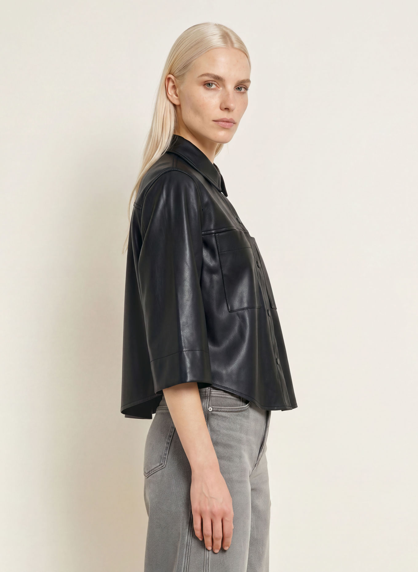 OPUS FELEDA leather-look shirt blouse with 3/4 sleeves: BLACK