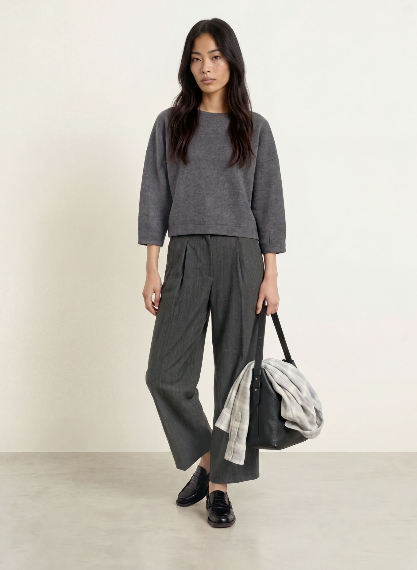 OPUS Haut GUSSI à manches 3/4 en flanelle: GRIS FONCÉ