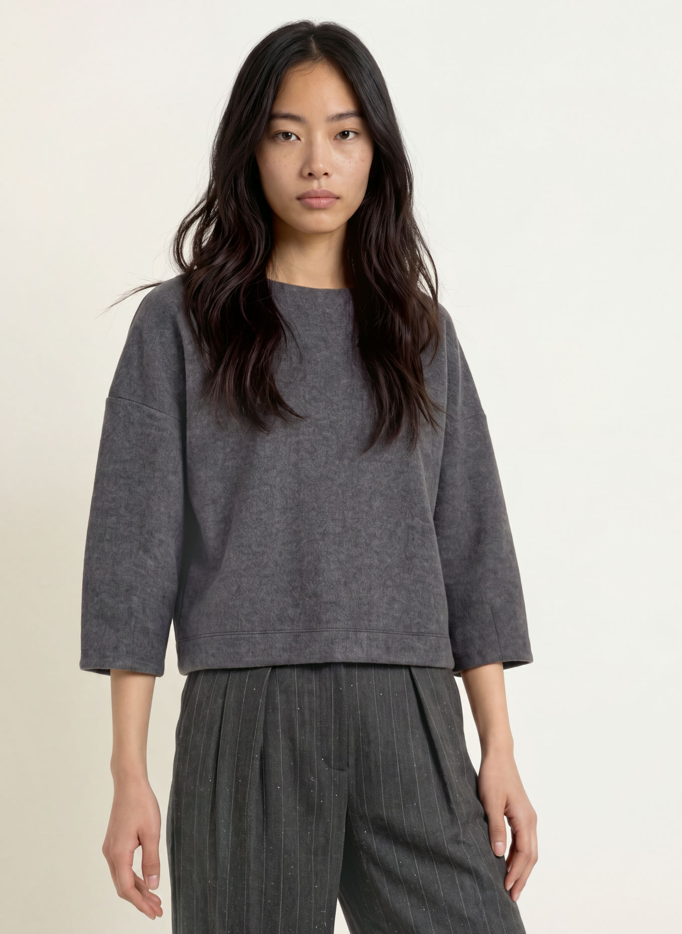 OPUS Haut GUSSI à manches 3/4 en flanelle: GRIS FONCÉ