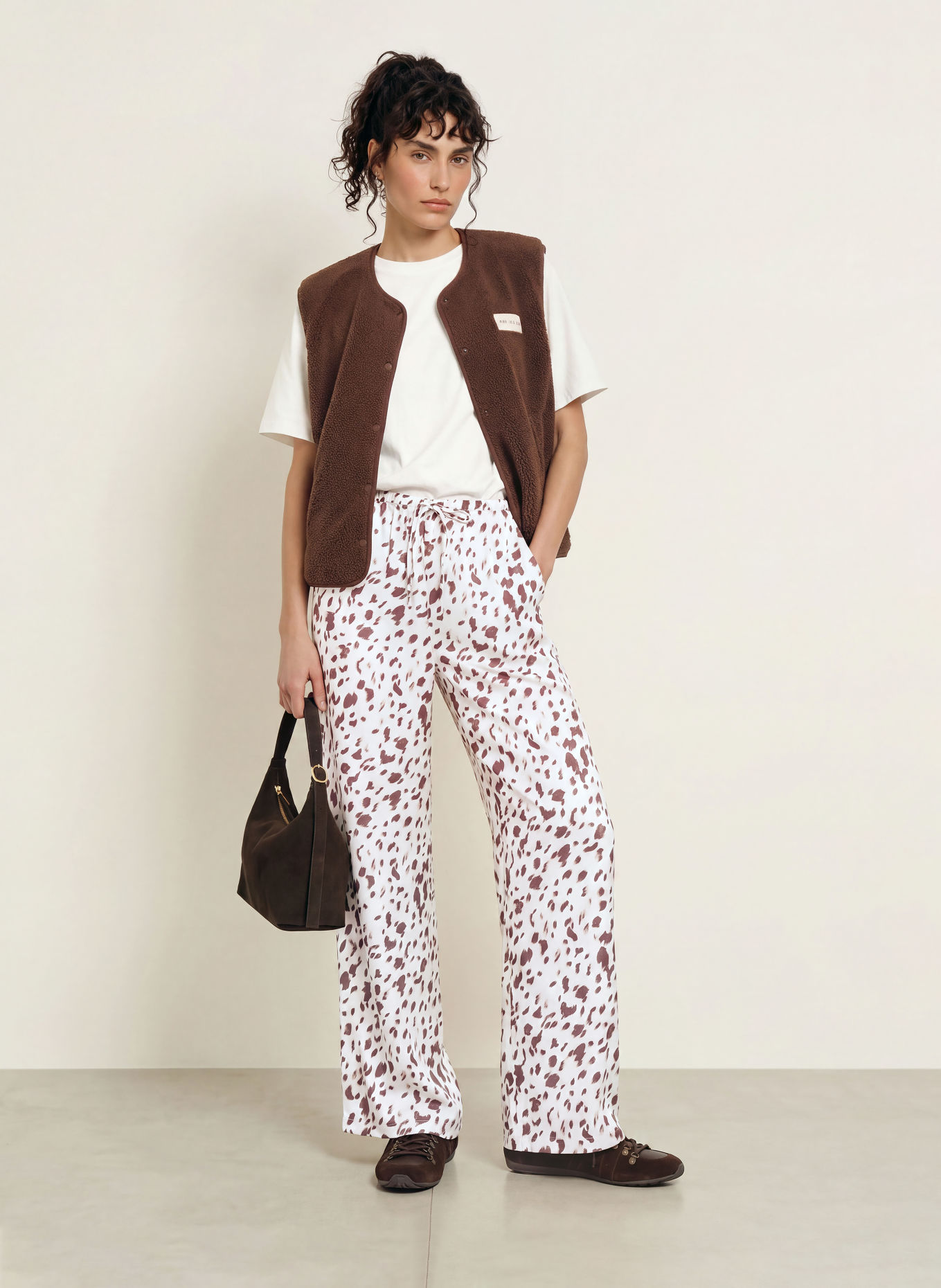 OH APRIL VERDE Satin wide-leg trousers: CREAM / DARK BROWN