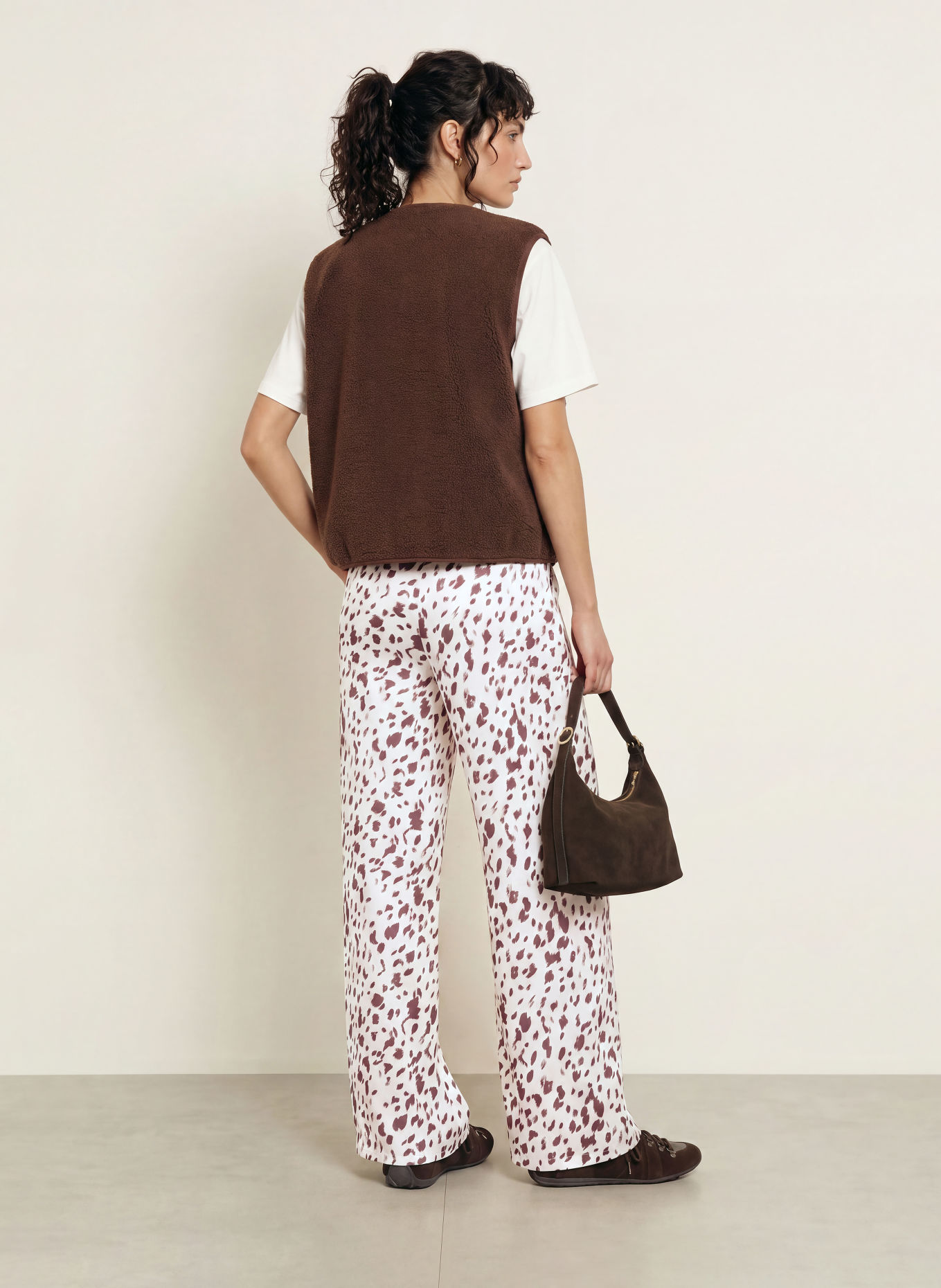 OH APRIL VERDE Satin wide-leg trousers: CREAM / DARK BROWN