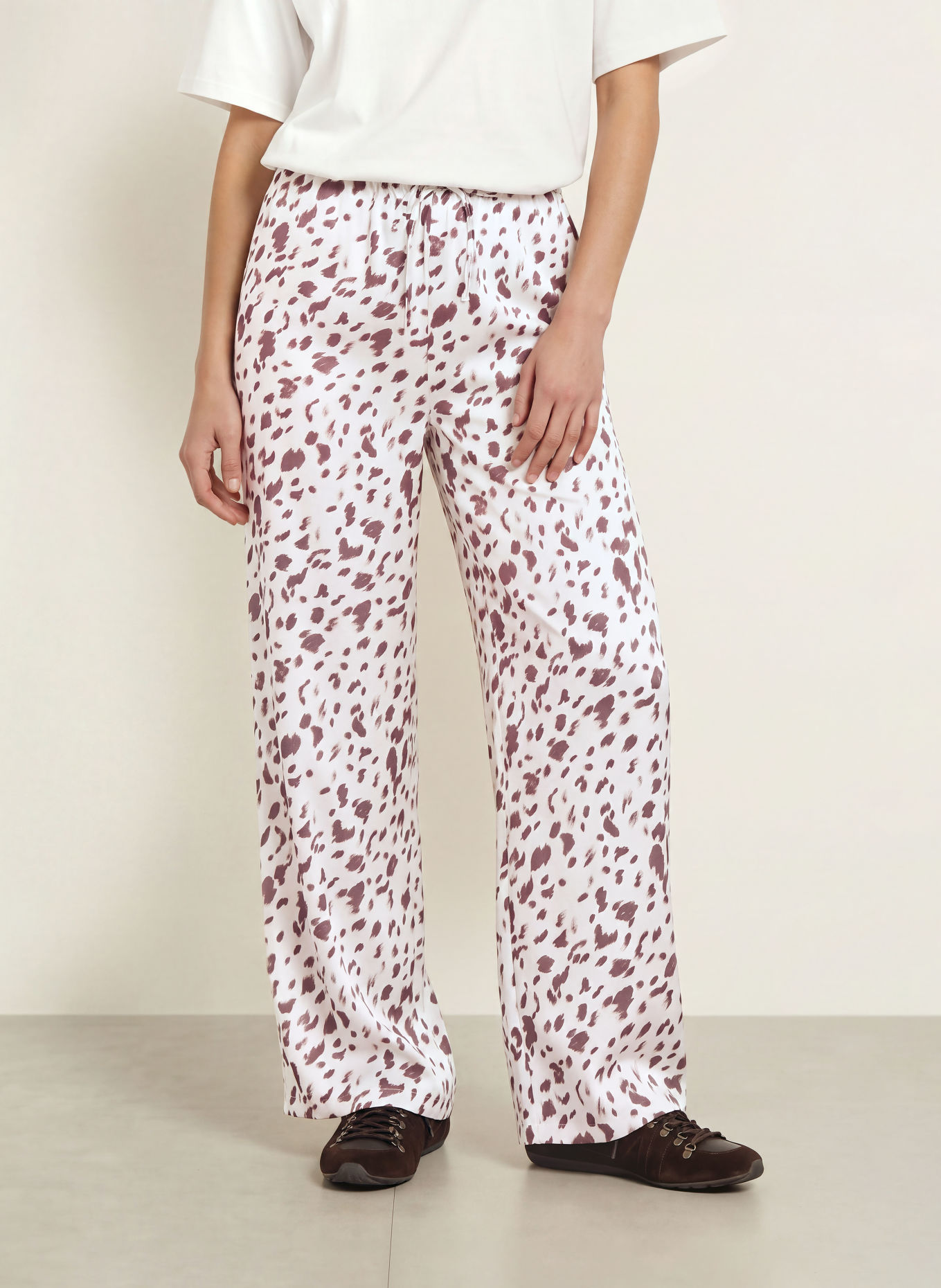 OH APRIL VERDE Satin wide-leg trousers: CREAM / DARK BROWN