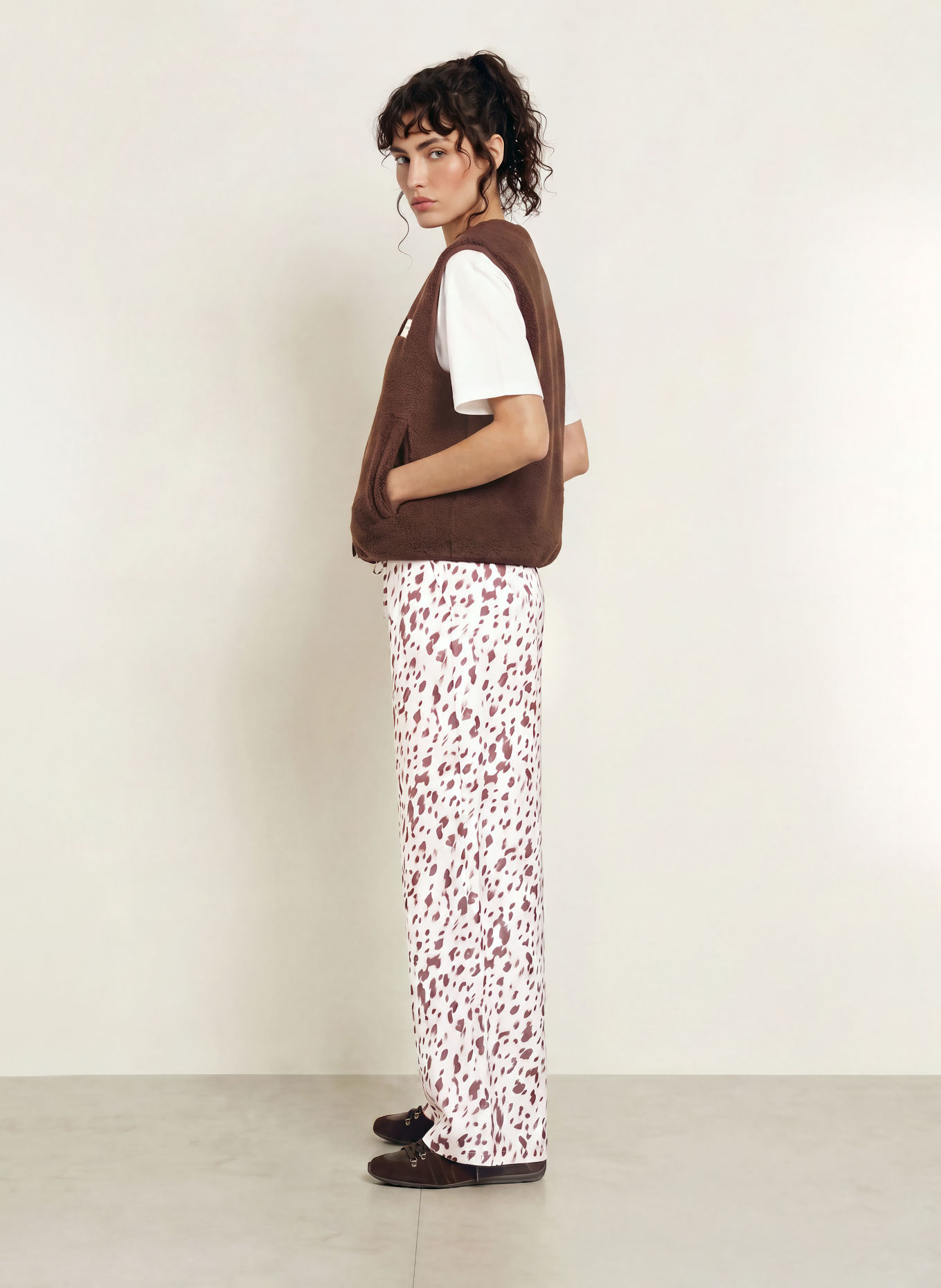 OH APRIL VERDE Satin wide-leg trousers: CREAM / DARK BROWN