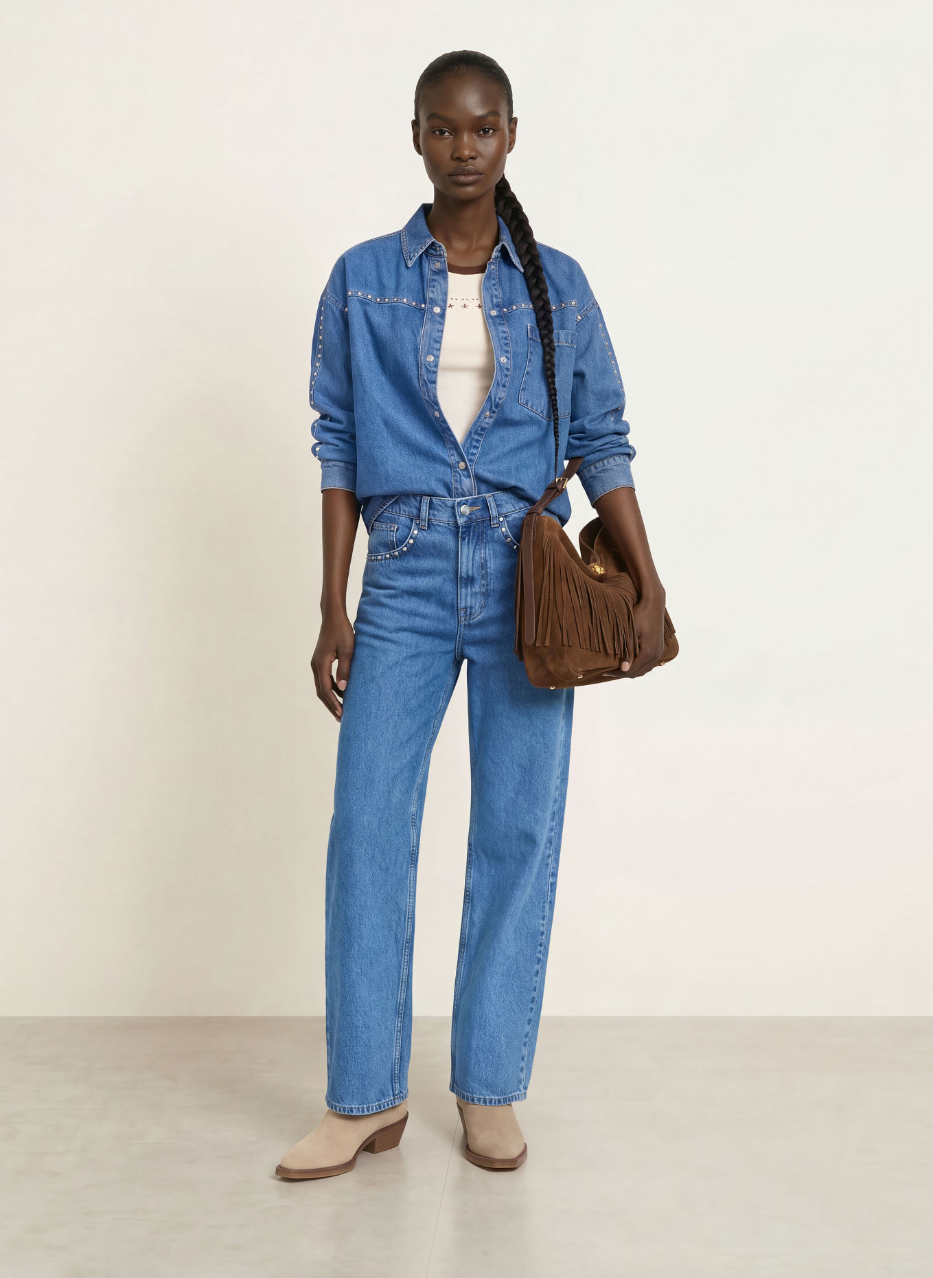 OH APRIL Jeansbluse VIVIAN med nitter: BLÅ