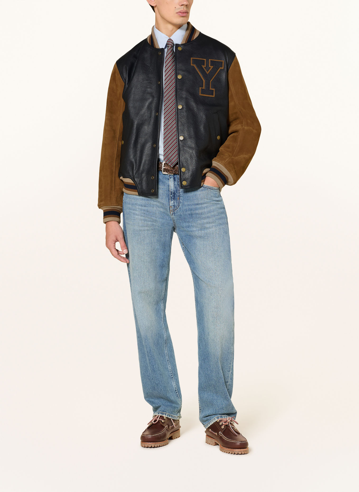 GANT Lederblouson im Materialmix: DUNKELBLAU / BRAUN / BEIGE