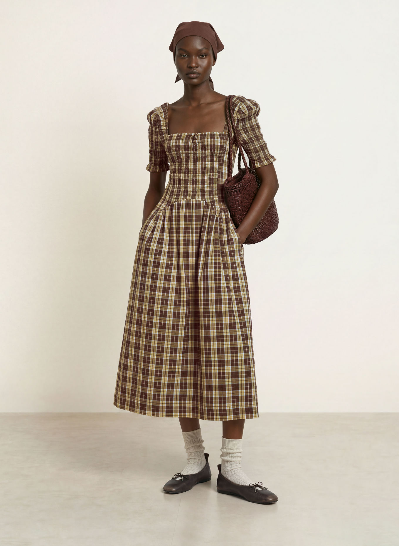 DAMSON MADDER. Kleid EMMY mit Rüschen: BRAUN / BLAUGRAU / KHAKI