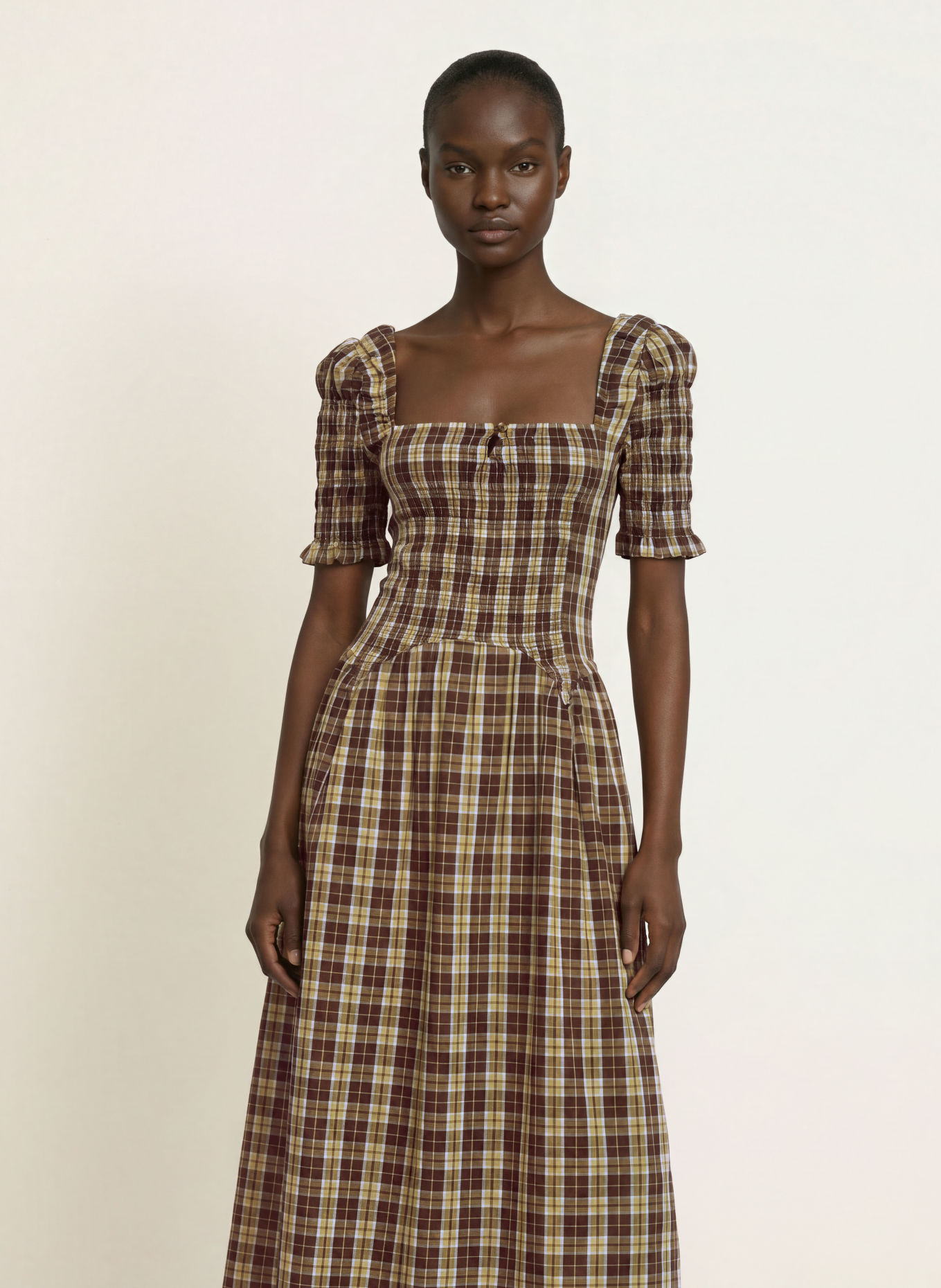 DAMSON MADDER. Kleid EMMY mit Rüschen: BRAUN / BLAUGRAU / KHAKI