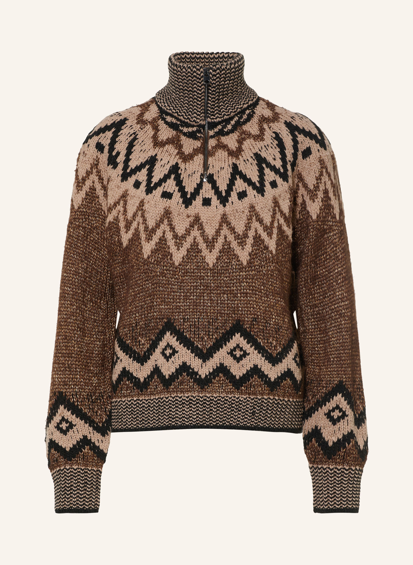 CINQUE Pull col zippé CINORGA avec fil pailleté: MARRON / CHAMEAU / NOIR
