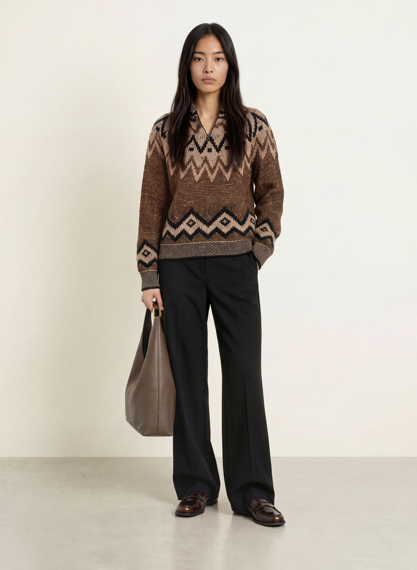 CINQUE Pull col zippé CINORGA avec fil pailleté: MARRON / CHAMEAU / NOIR