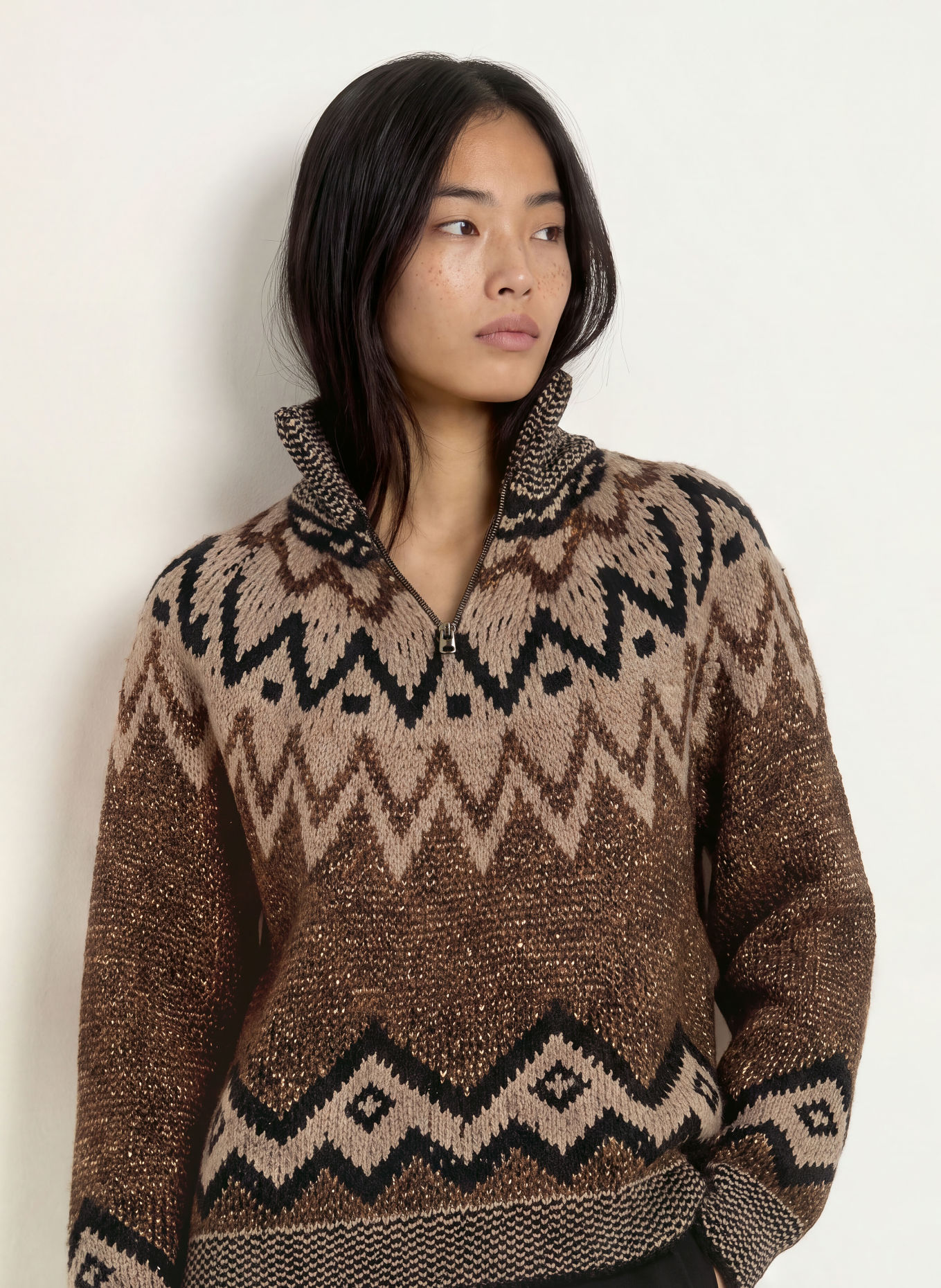 CINQUE Pull col zippé CINORGA avec fil pailleté: MARRON / CHAMEAU / NOIR