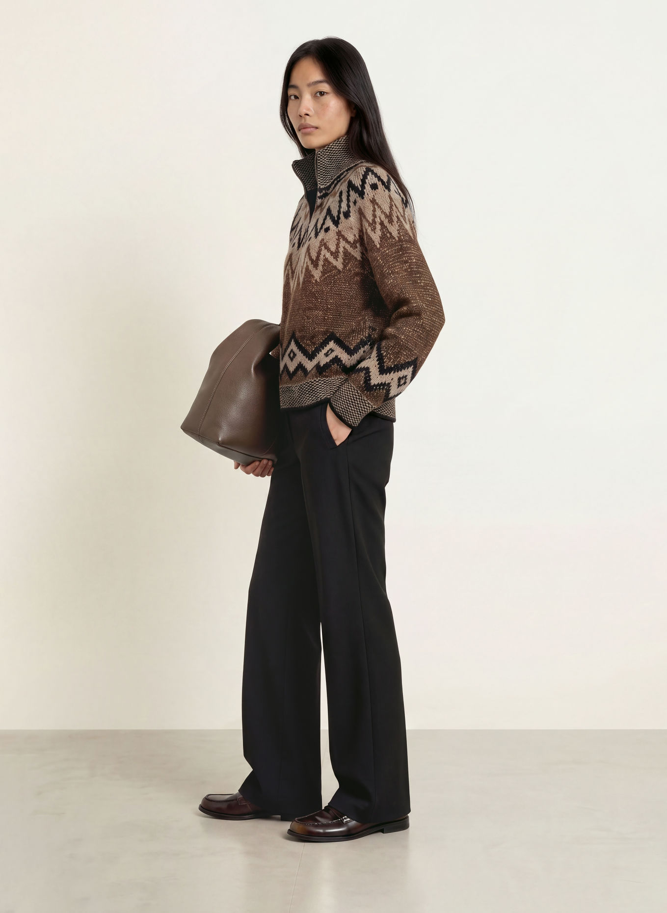 CINQUE Pull col zippé CINORGA avec fil pailleté: MARRON / CHAMEAU / NOIR