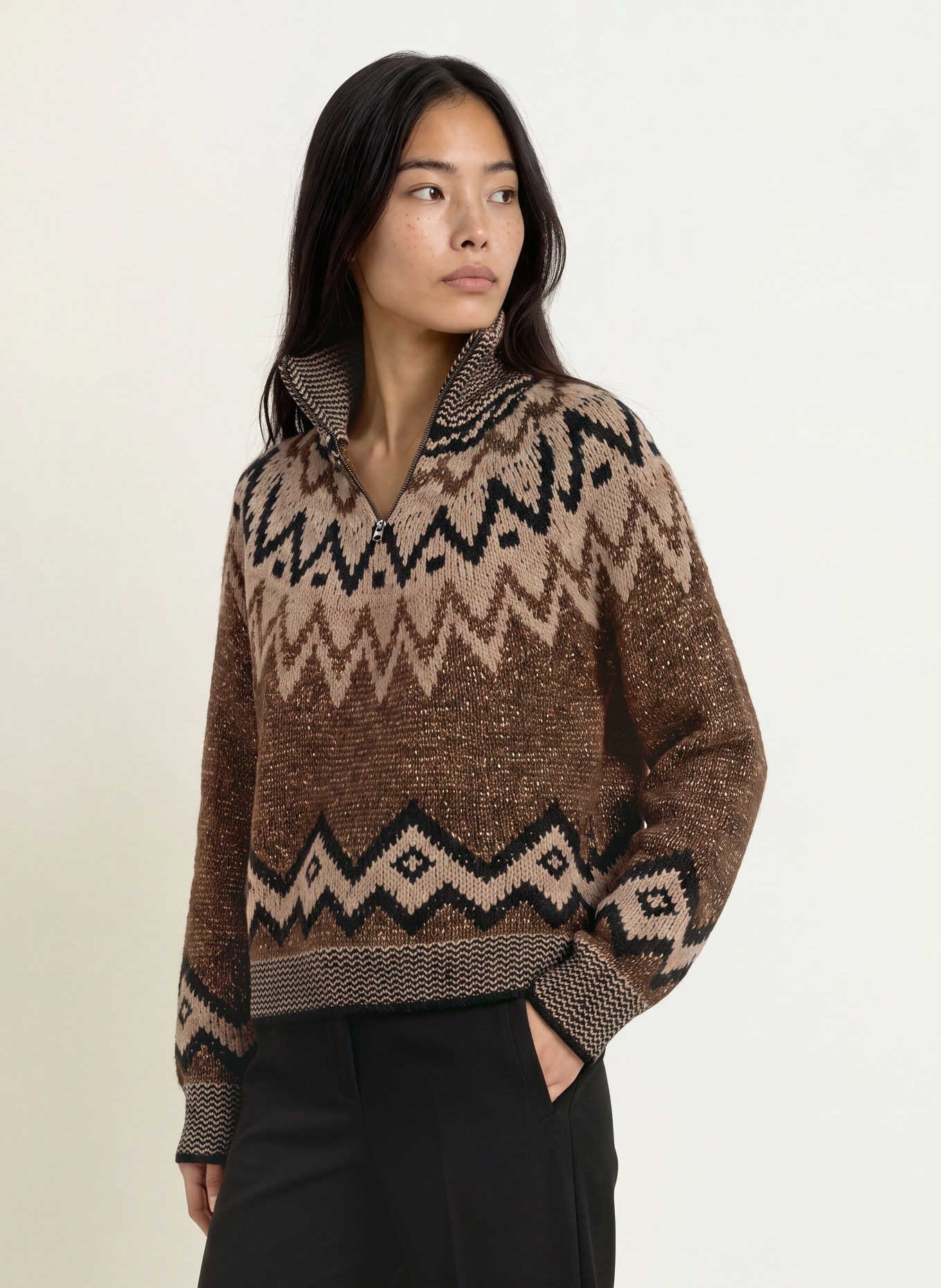 CINQUE Pull col zippé CINORGA avec fil pailleté: MARRON / CHAMEAU / NOIR
