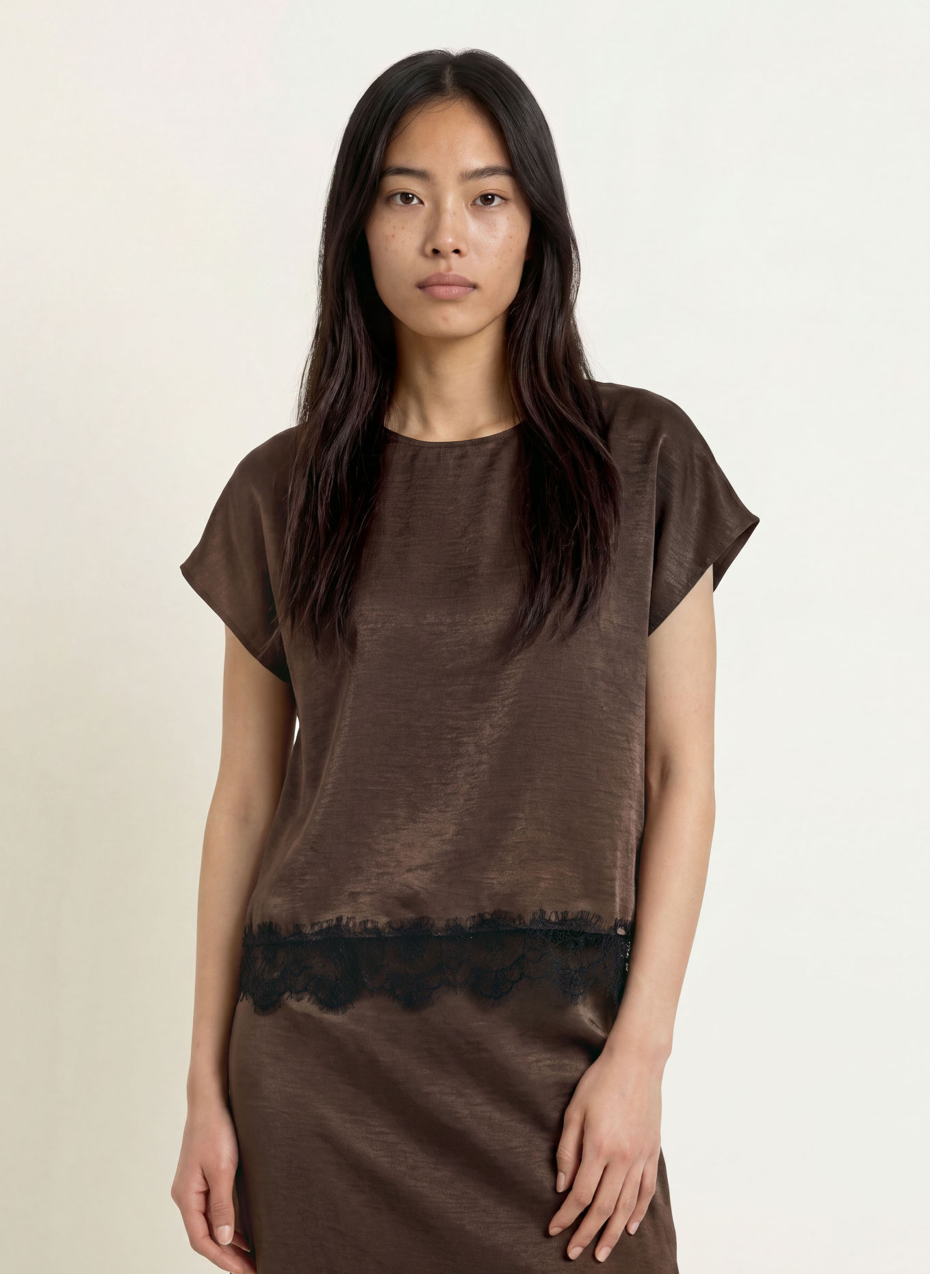 CINQUE Blusenshirt CIPLUS mit Spitze: DUNKELBRAUN / SCHWARZ