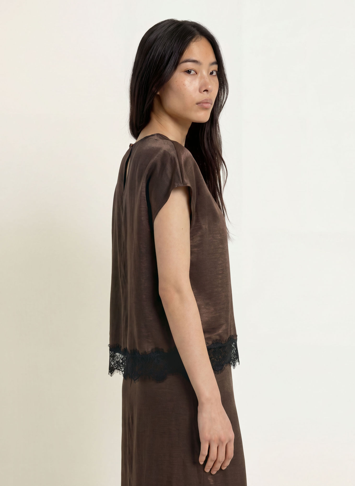 CINQUE Blusenshirt CIPLUS mit Spitze: DUNKELBRAUN / SCHWARZ