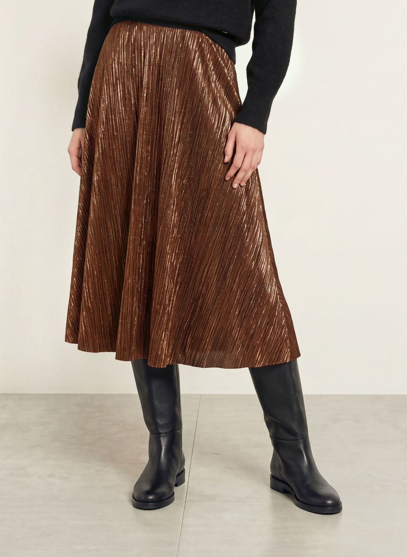 CINQUE CIFADI pleated skirt with glitter yarn: BROWN / GOLD