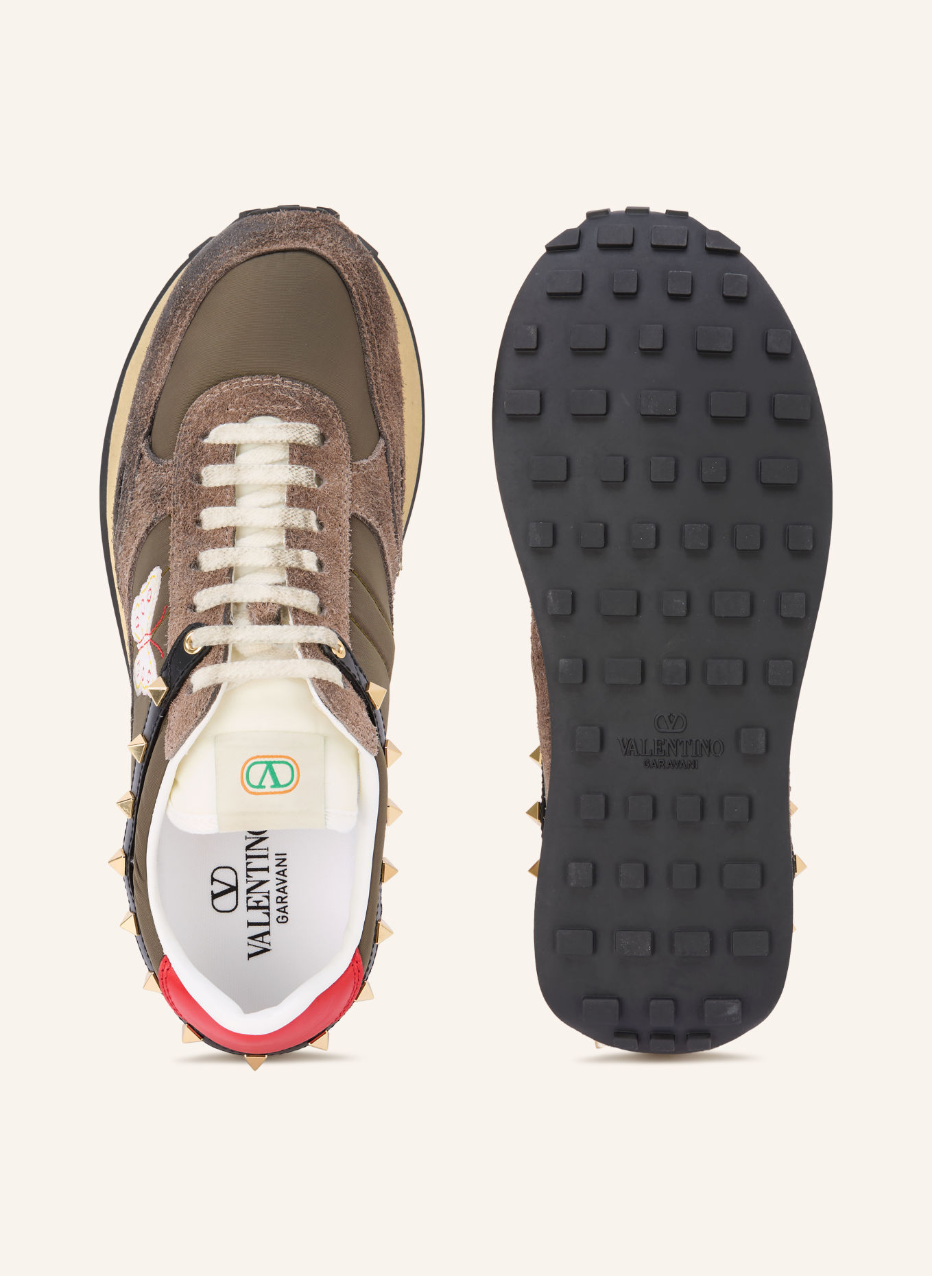 VALENTINO GARAVANI STUD UP-sneakers met studs: BRUIN / ECRU / KAKI