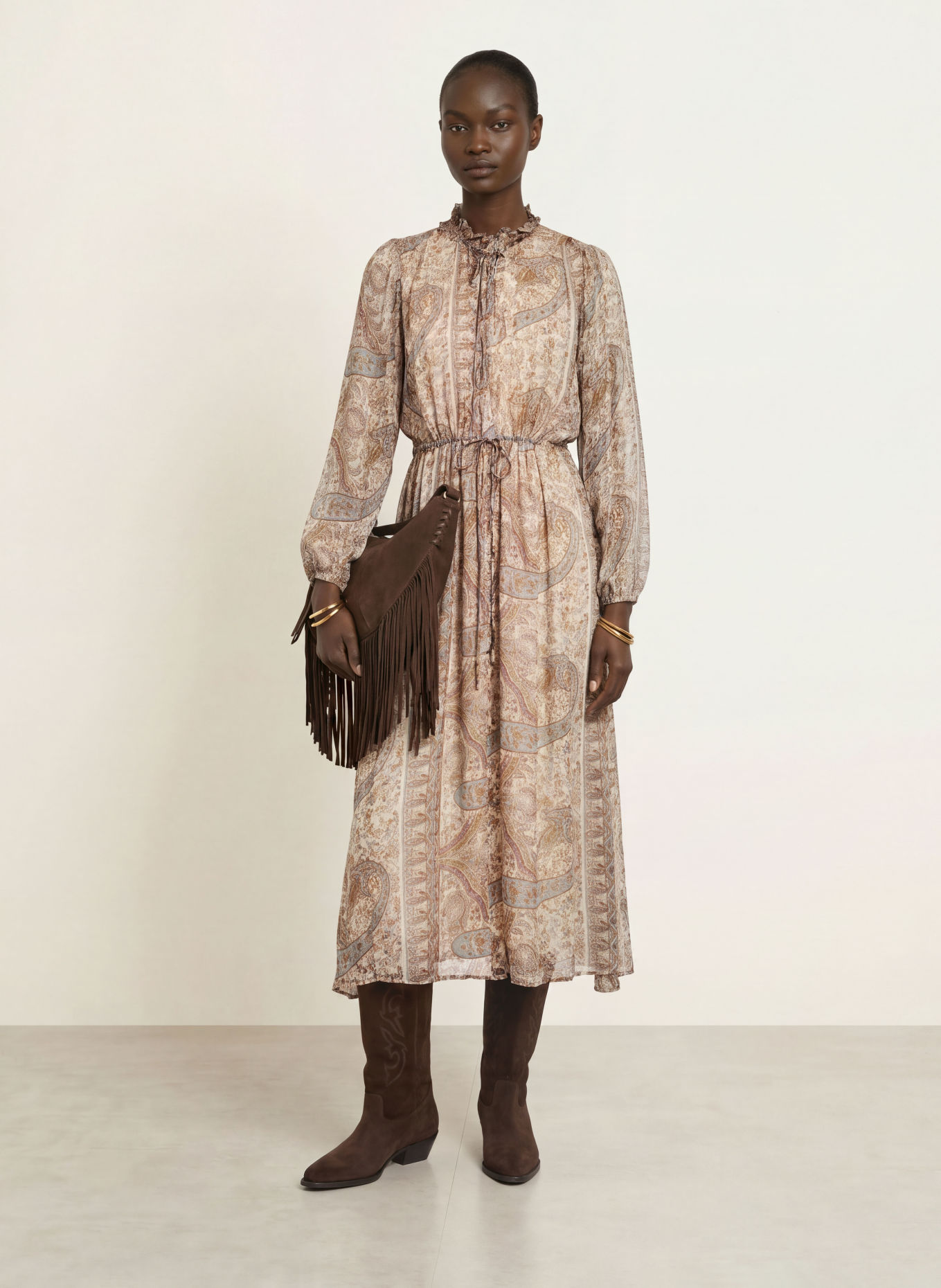ba&sh Kleid CIAHARA mit Rüschen: TÜRKIS / BRAUN / CREME