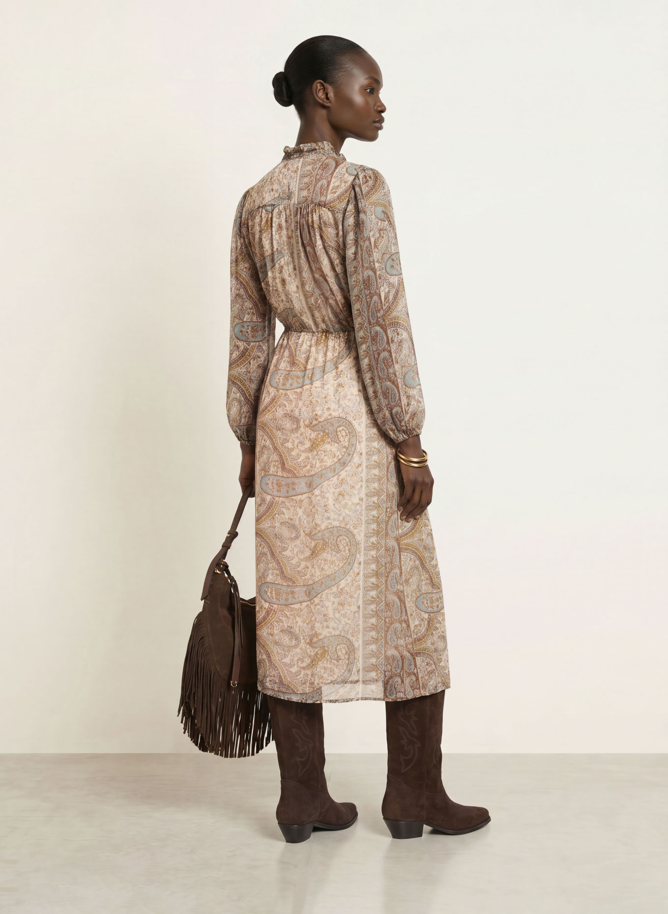 ba&sh Kleid CIAHARA mit Rüschen: TÜRKIS / BRAUN / CREME