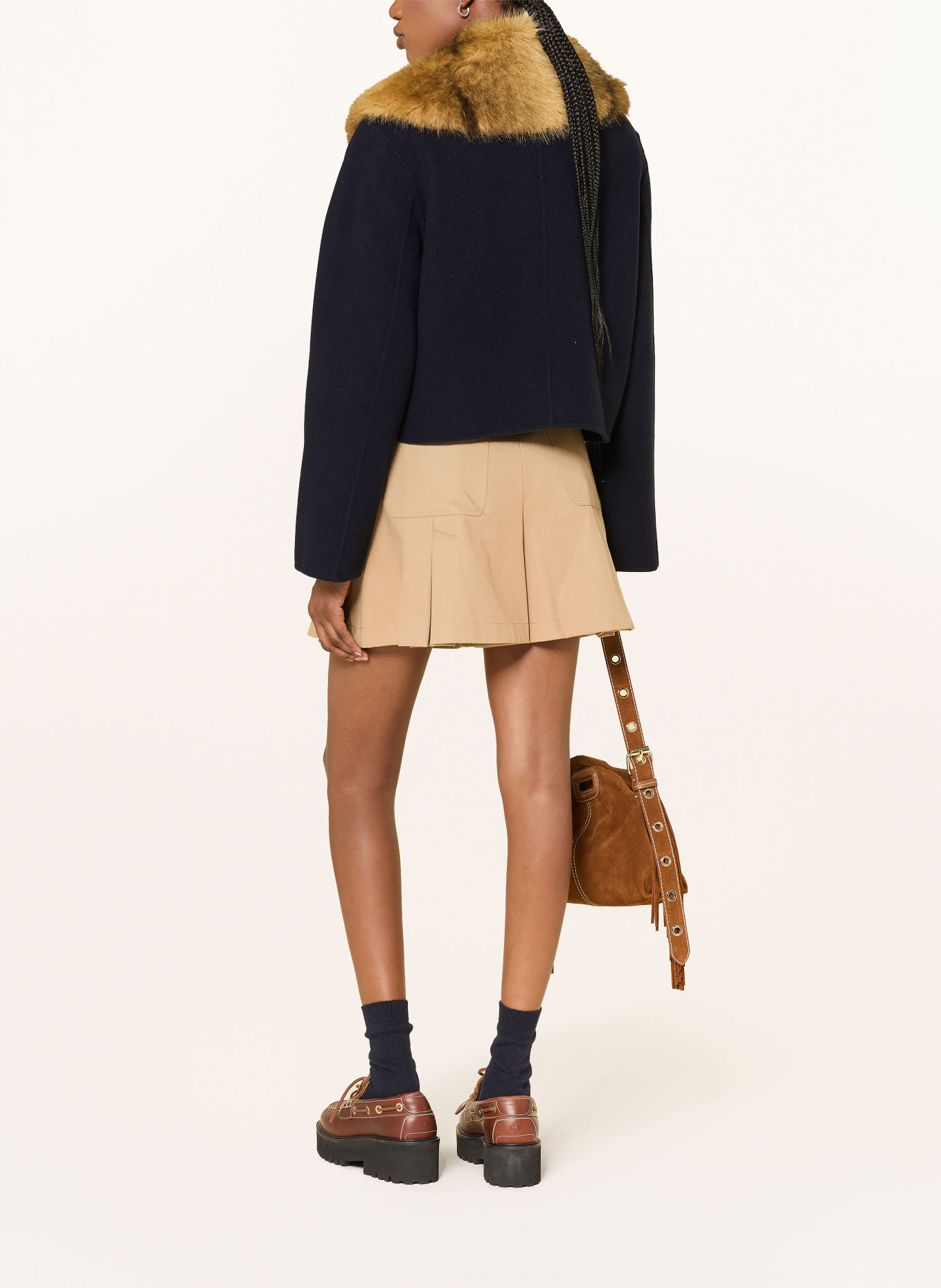 maje Kastenjacke mit abnehmbarem Kunstfell: DUNKELBLAU / CAMEL