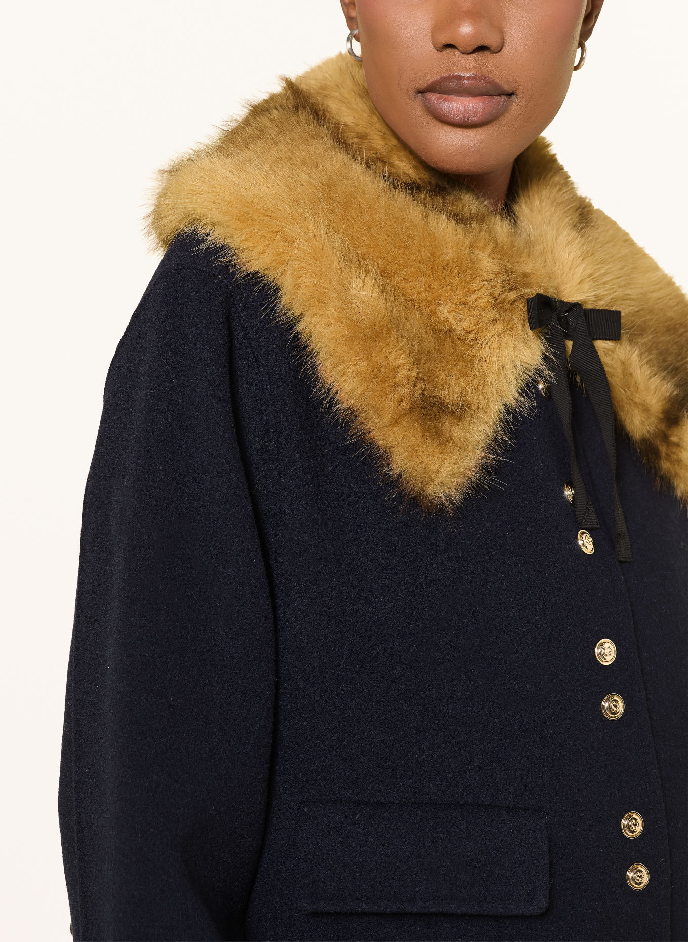 maje Kastenjacke mit abnehmbarem Kunstfell: DUNKELBLAU / CAMEL