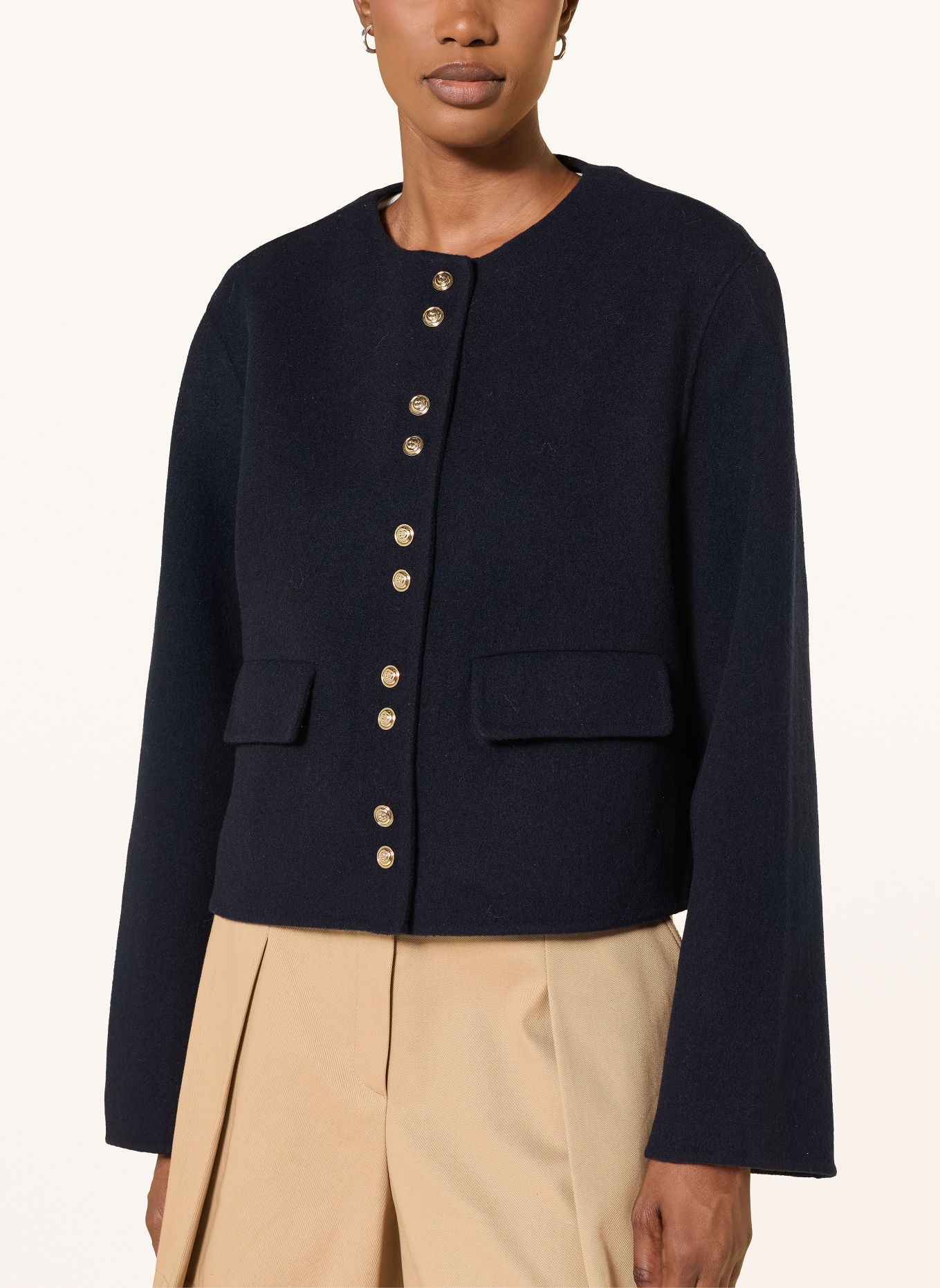 maje Kastenjacke mit abnehmbarem Kunstfell: DUNKELBLAU / CAMEL