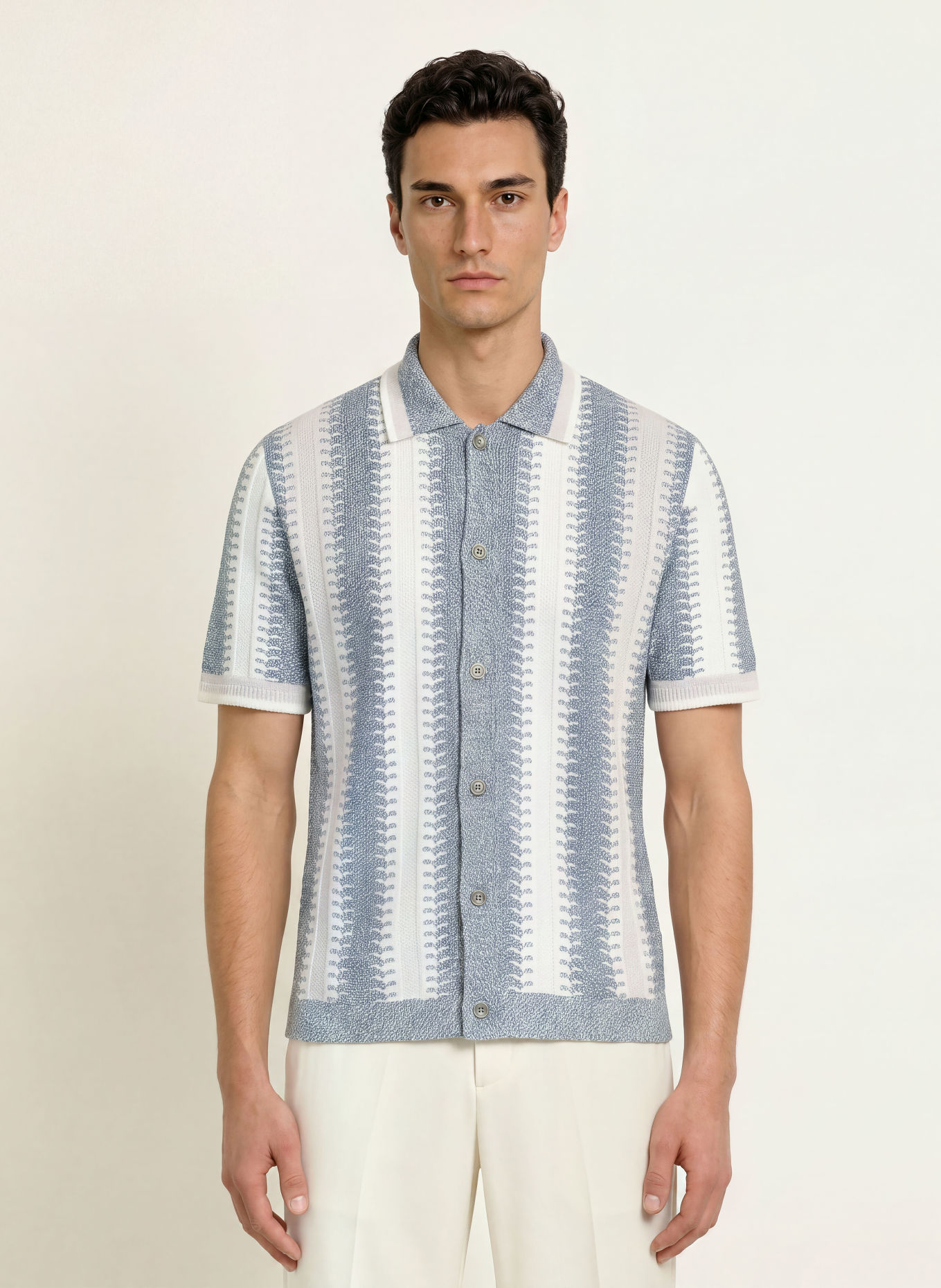 REISS Gebreid overhemd DALE Regular Fit: CRÈME / BLAUWGRIJS
