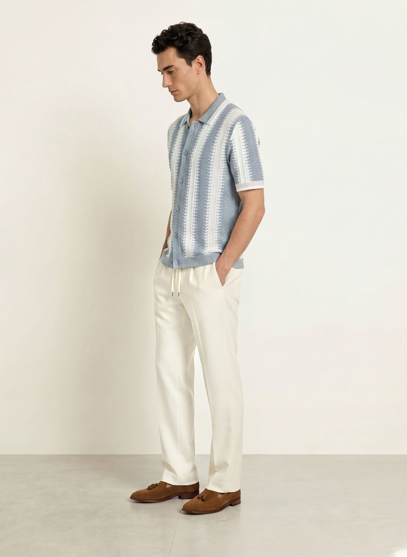 REISS Gebreid overhemd DALE Regular Fit: CRÈME / BLAUWGRIJS