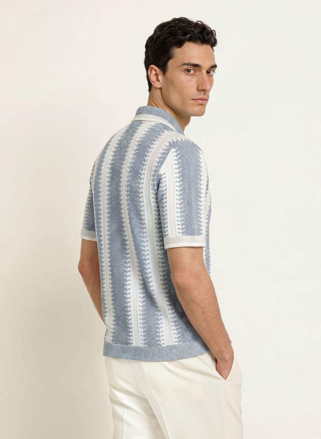REISS Gebreid overhemd DALE Regular Fit: CRÈME / BLAUWGRIJS