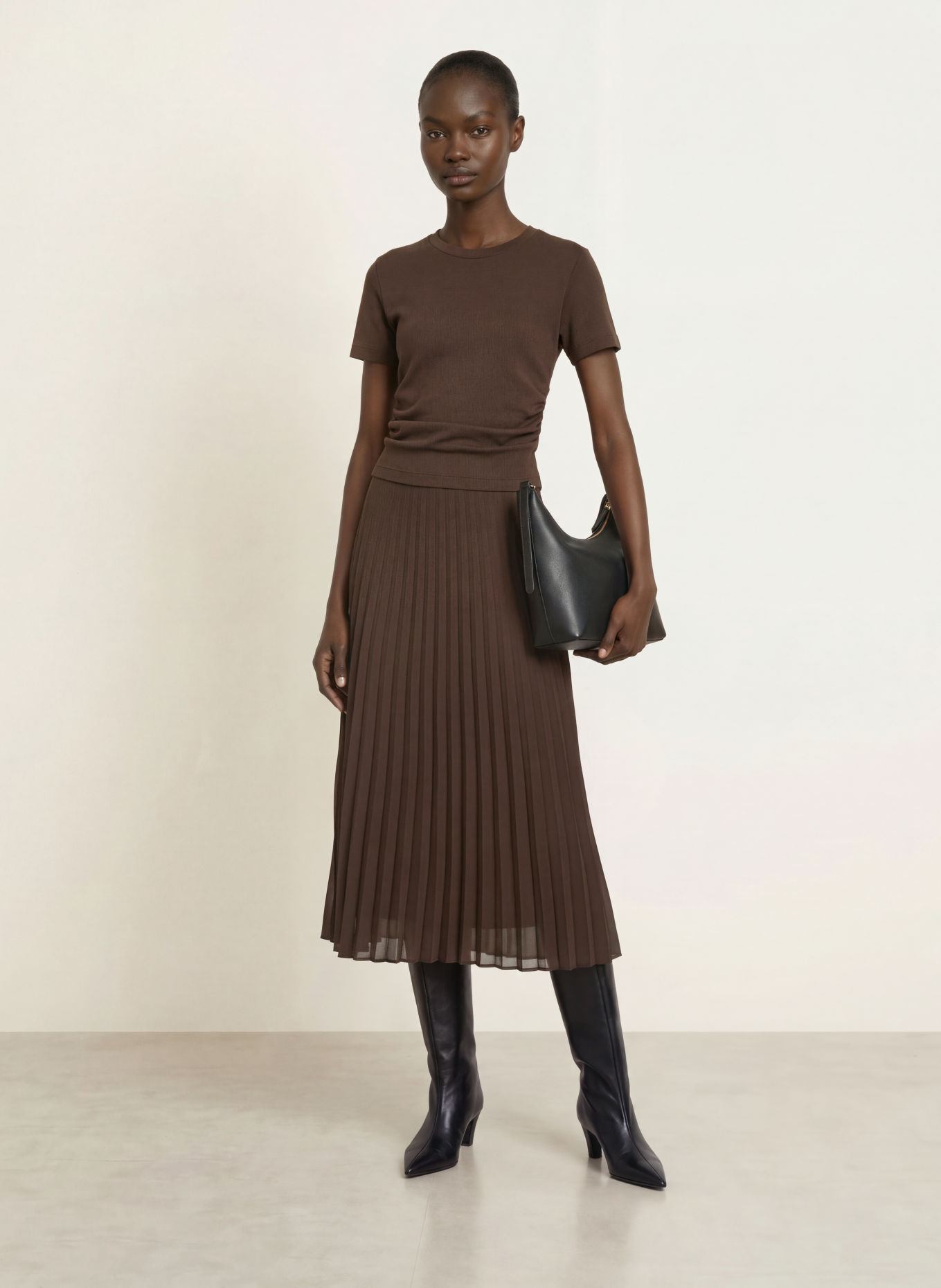 CLAUDIE PIERLOT Kleid im Materialmix mit Plissees: DUNKELBRAUN