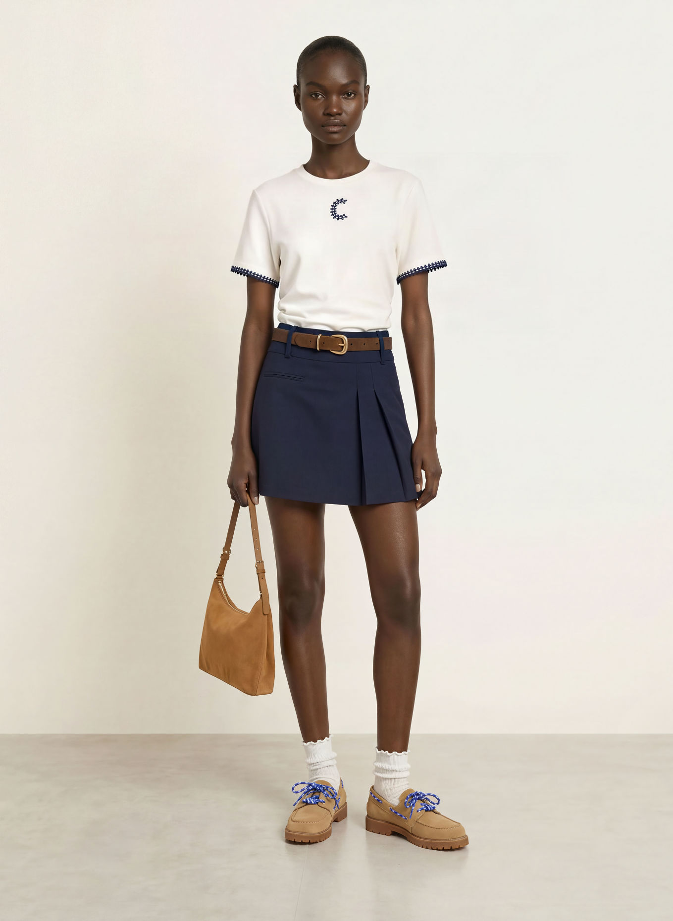 CLAUDIE PIERLOT T-Shirt: ECRU / DUNKELBLAU