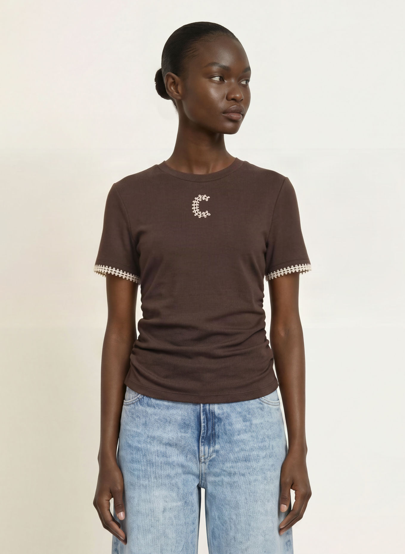 CLAUDIE PIERLOT T-Shirt: DUNKELBRAUN / CREME