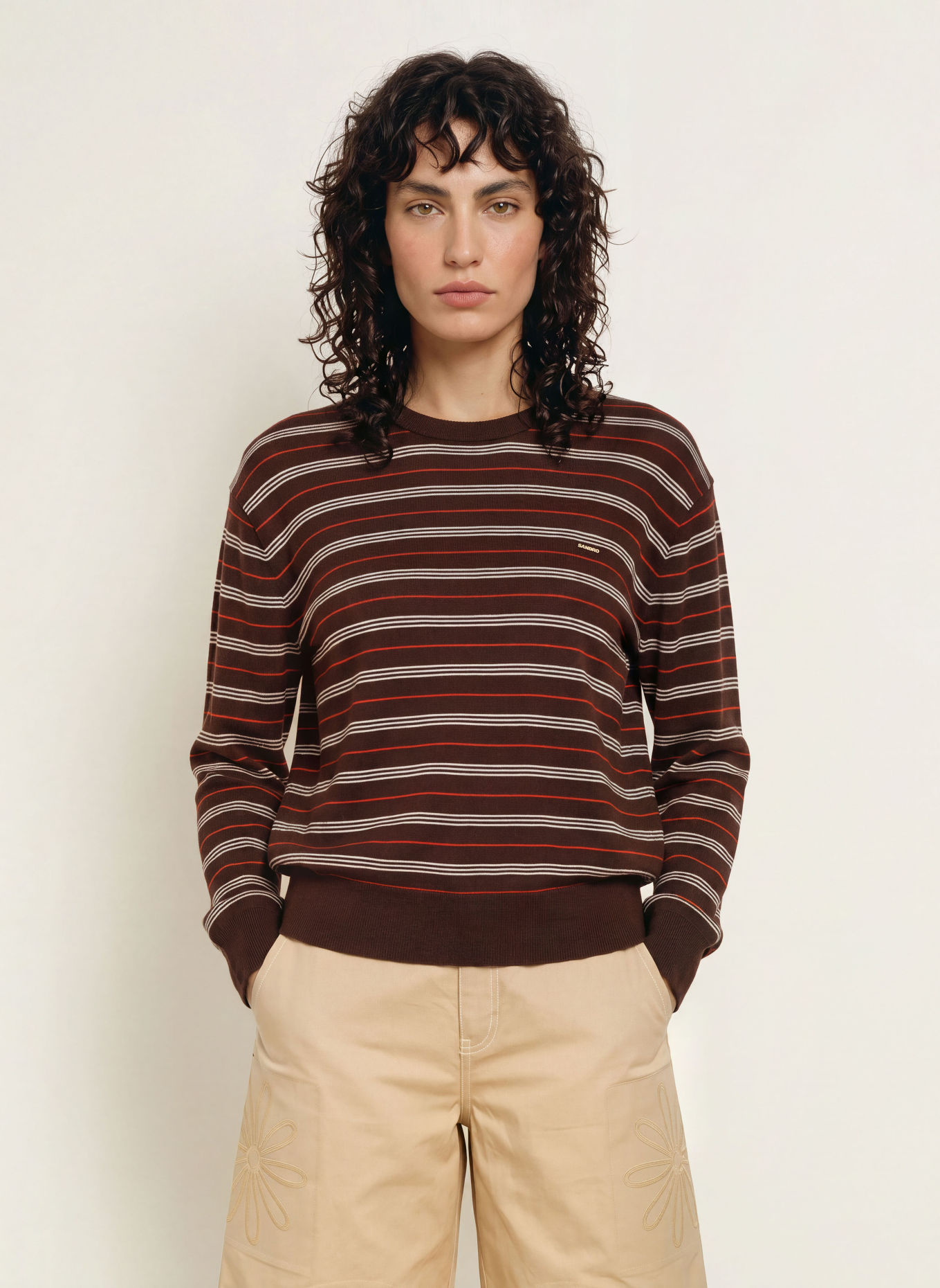 SANDRO Pullover: BRAUN / ROT / WEISS