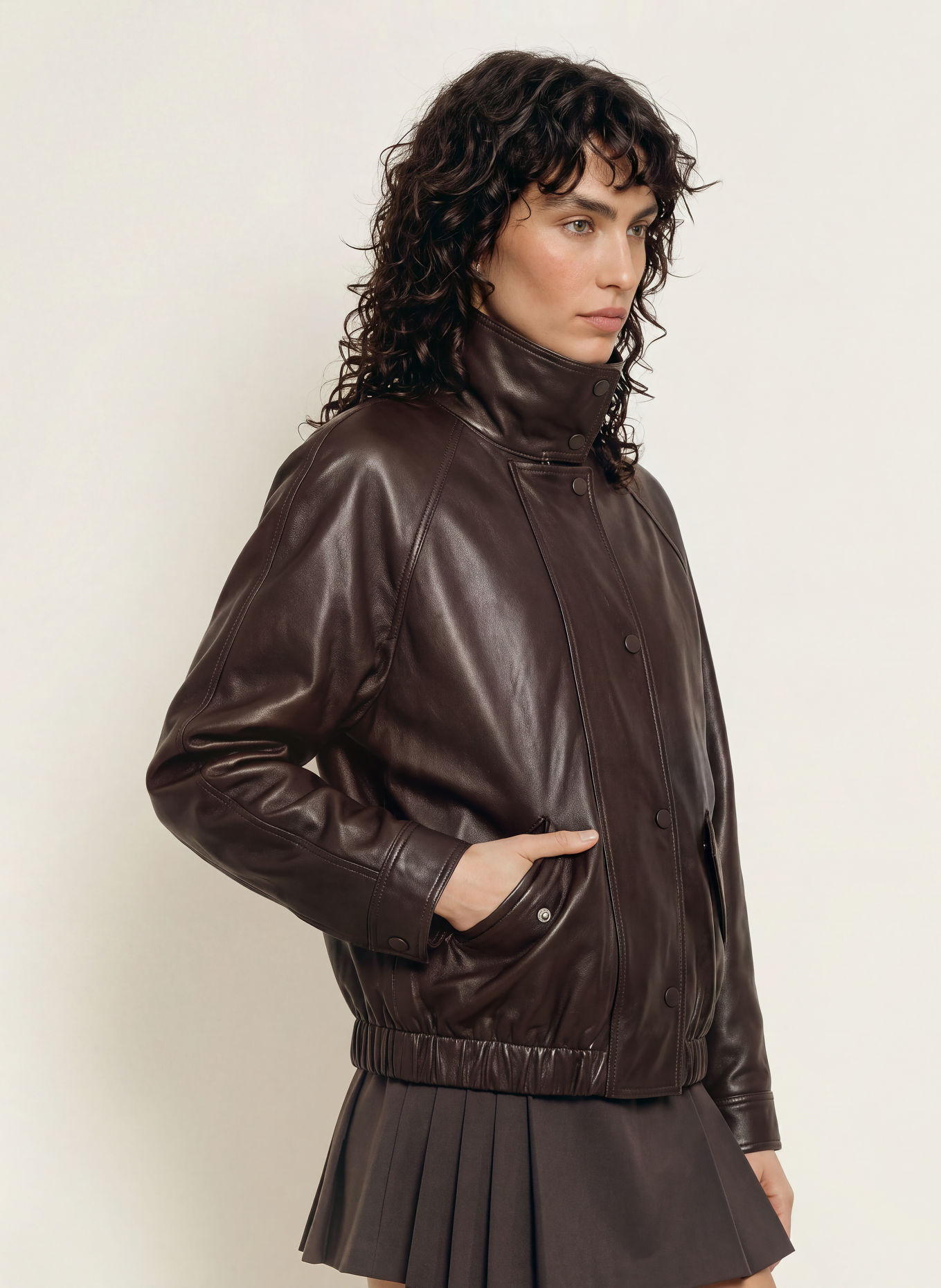 SANDRO Oversized-Lederjacke: DUNKELBRAUN