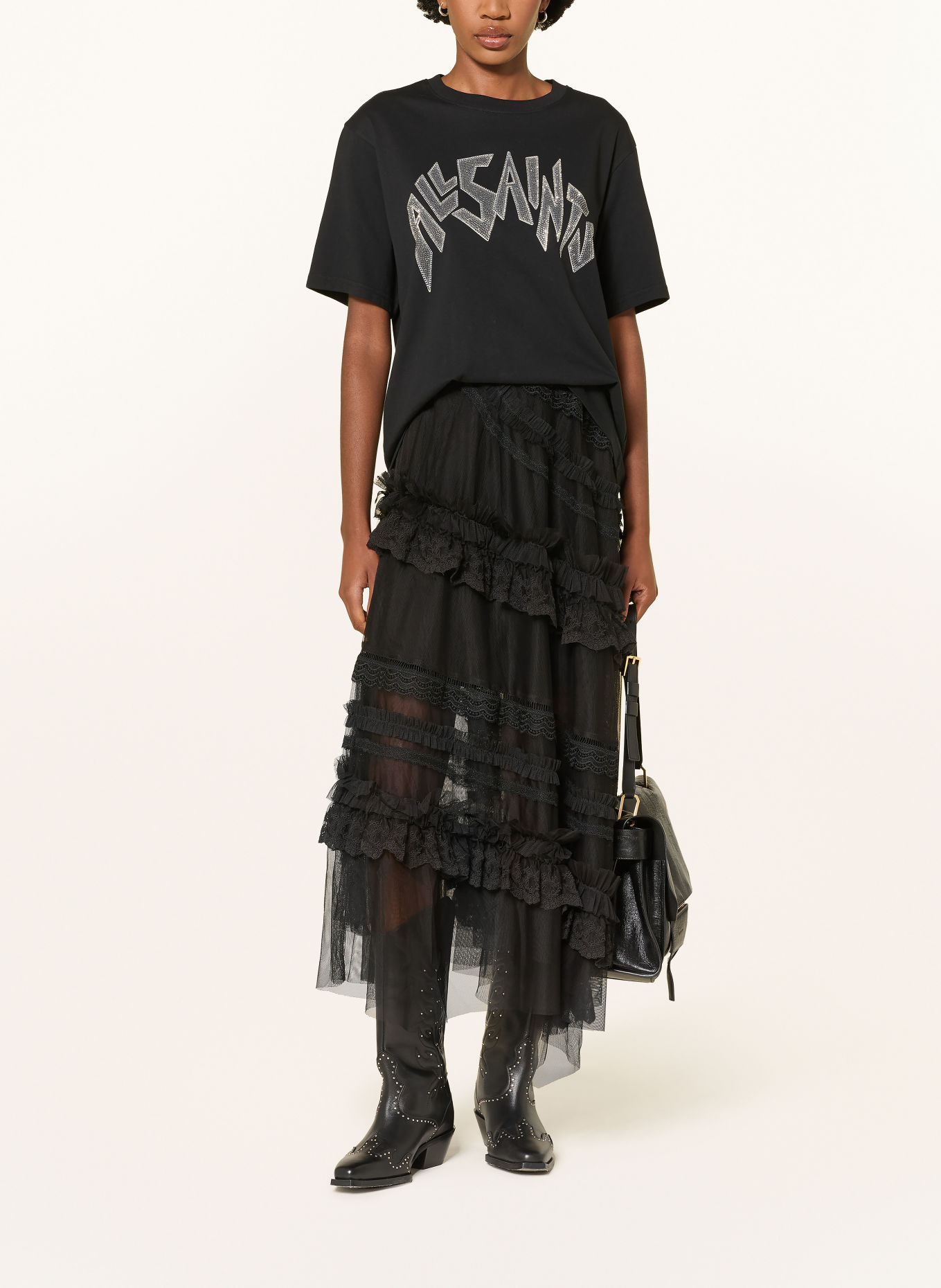 ALLSAINTS JEN-rok met kant en ruches: ZWART